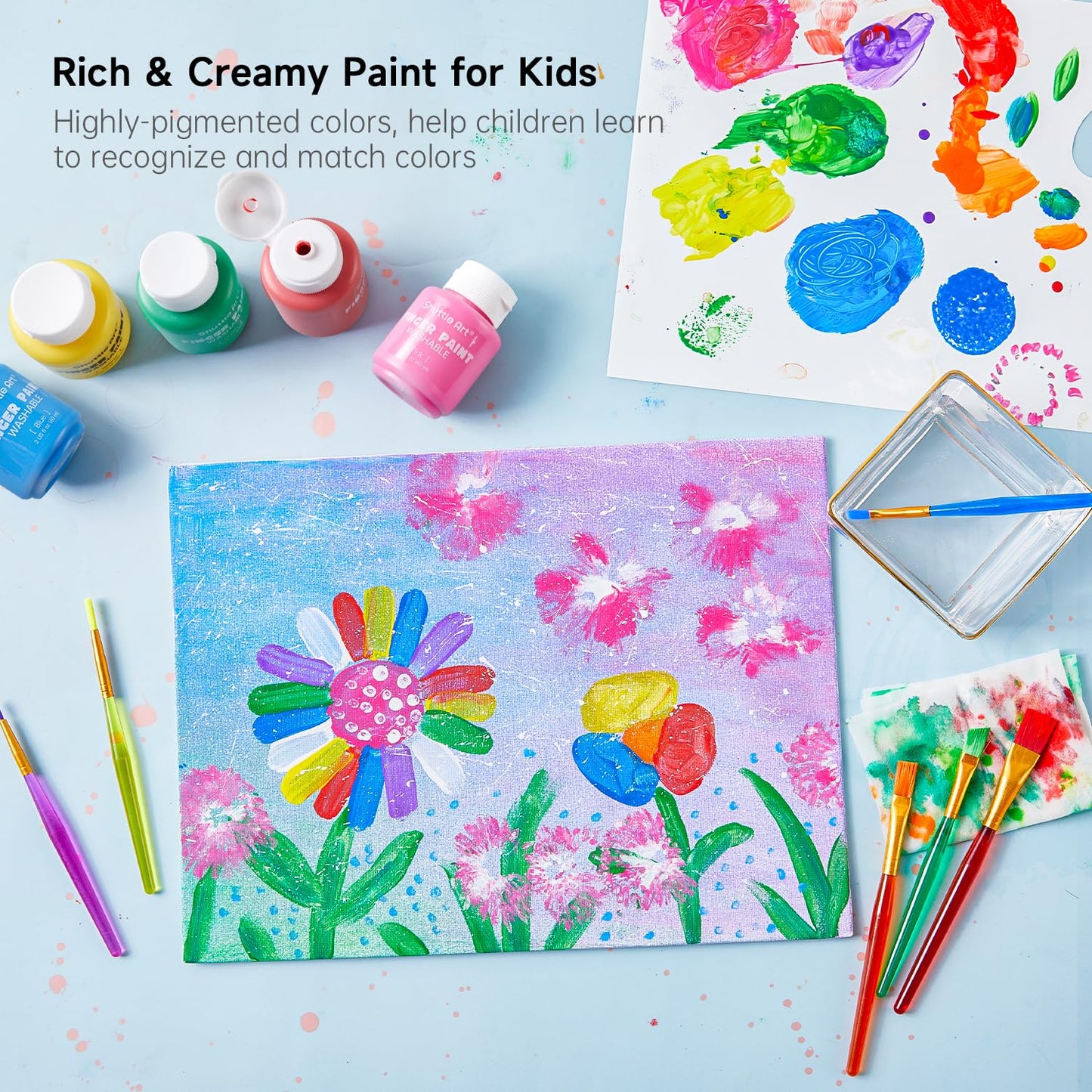 Shuttle Art Washable Finger Paint Set, 37 PCS with 10 Colors (2 fl oz) Non-Toxic Toddler Paint, Paint Brushes, Sponge, Smock, Toddler Art Supplies
