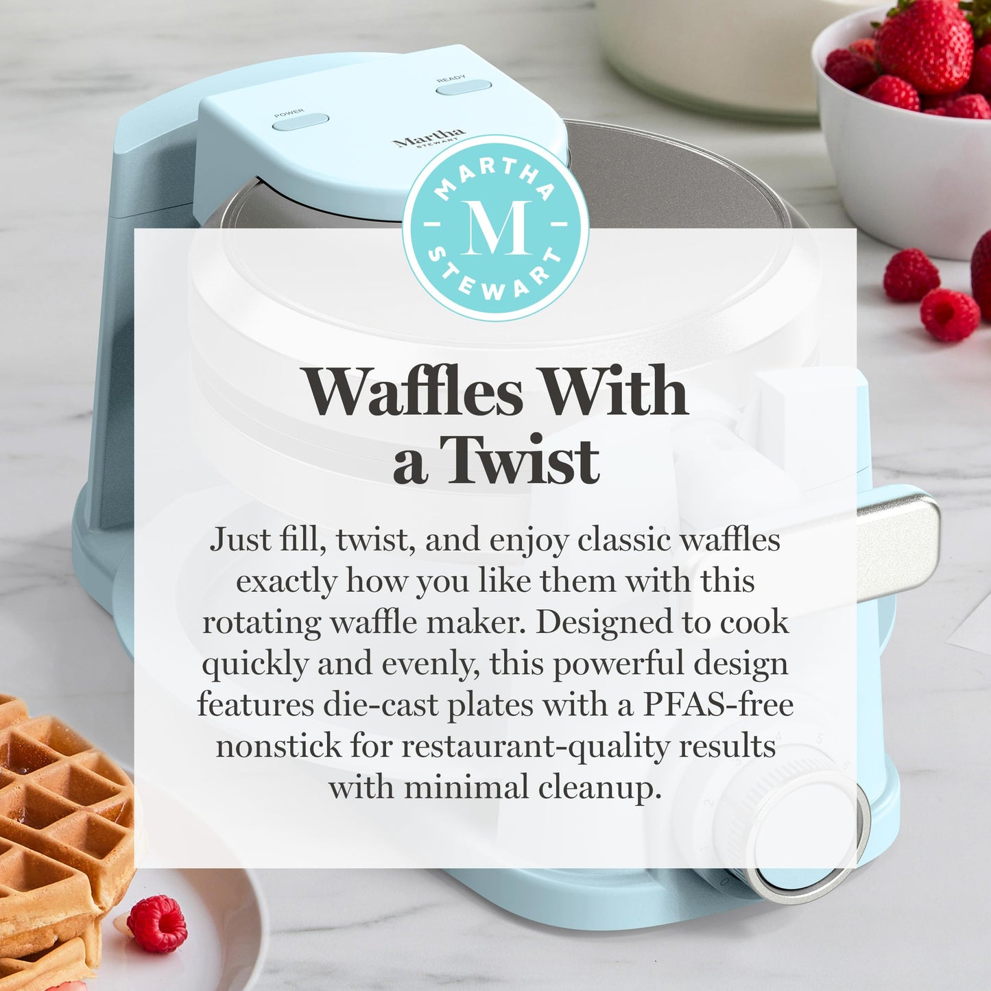 Martha Stewart Rotating Waffle Maker, 180° Flip Iron with PFAS-Free Nonstick Plates, Adjustable Timer, Ready Light, Drip Tray, Space Saving, Classic Round 7”, Easy to Clean, Stainless Steel, Sky Blue