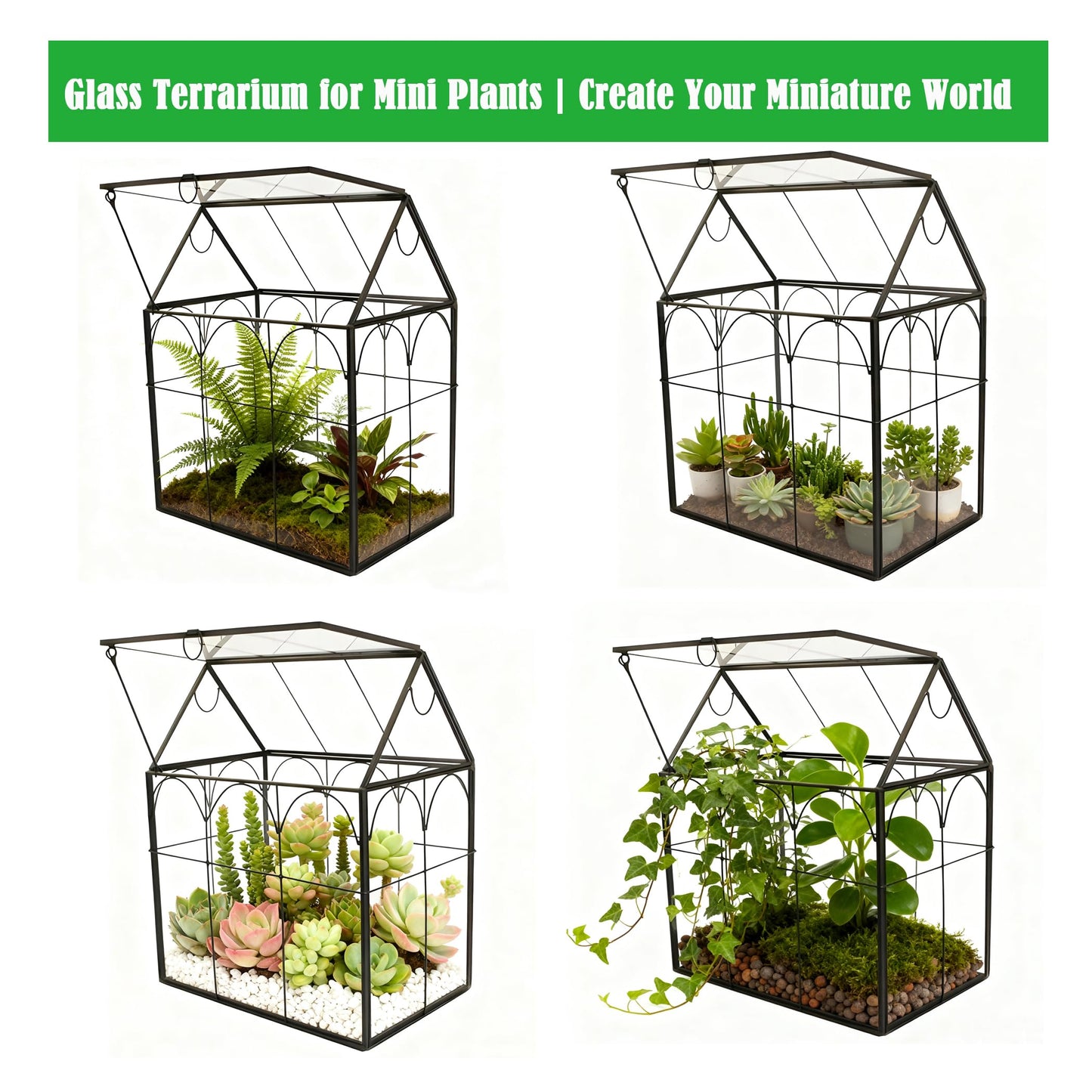 ELEGANTLIFE Glass Geometric Plant Terrarium,Succulent & Air Planter for Home Garden Office Decoration (Black House)