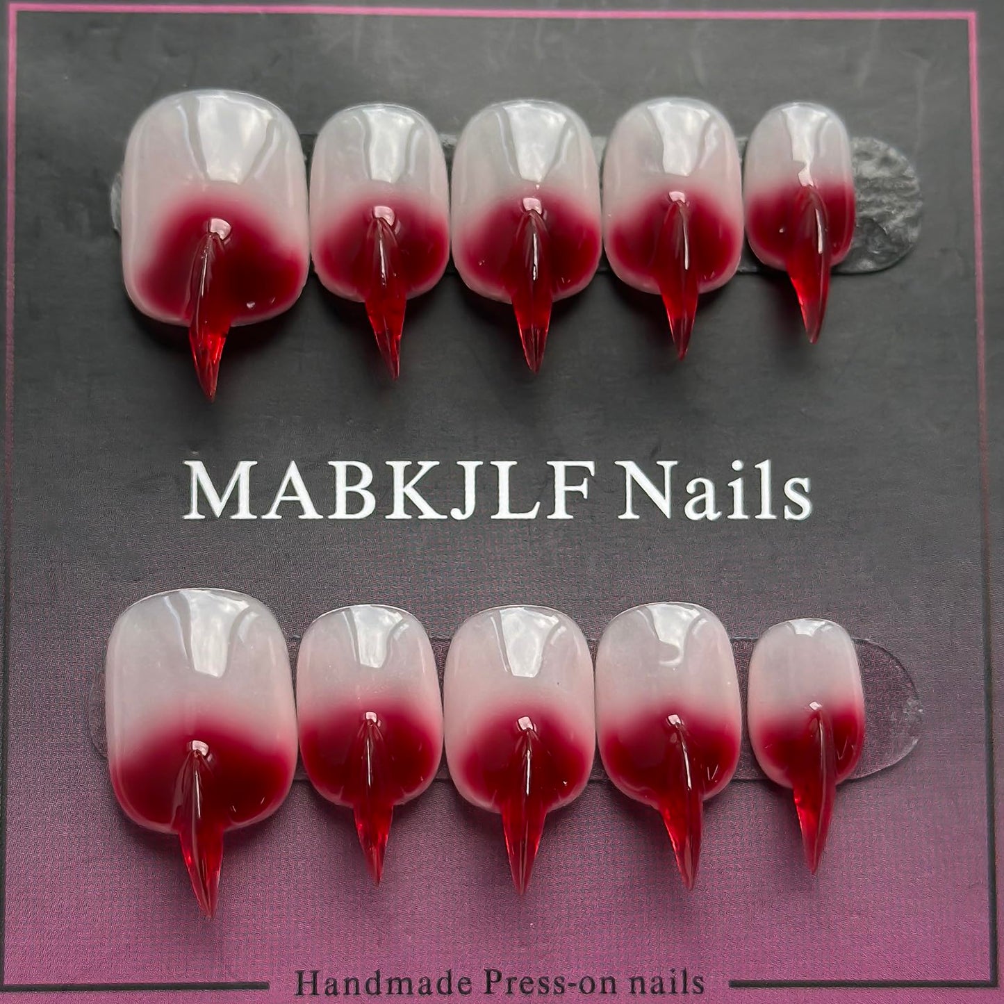 Halloween Press on Nails Luxury Short Stiletto Handmade Cat Claw Unique Reusable ABS Material Red Fake Nails Eagle Claw False Nails Gradient Glossy Glue on Nail Curved Thick Acrylic Nail(M)