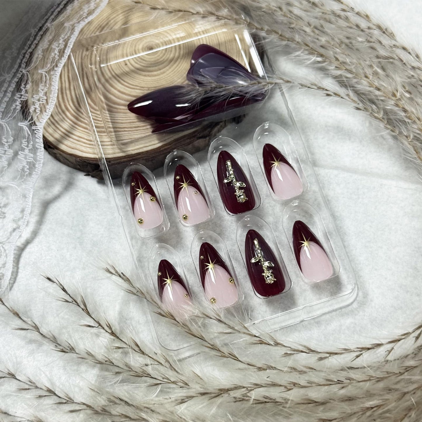 IMRAIN Press on Nails Medium Almond Fake Nails with 3D Golden Rose Designs Burgundy Acrylic False Nails Full Cover Stick on Nails for Women