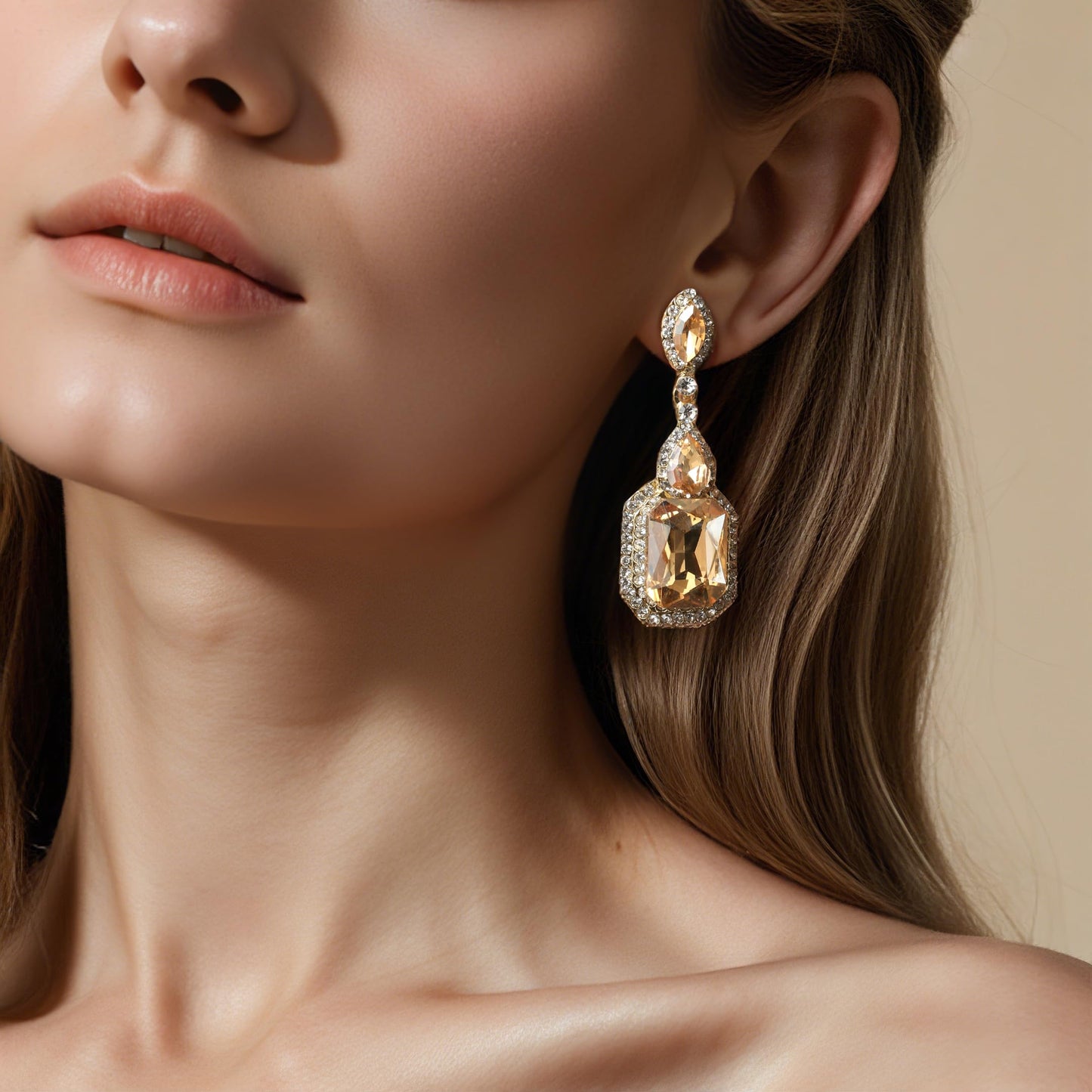 BriLove Wedding Statement Big Earrings for Women Emerald Cut Crystal Infinity Figure 8 Chandelier Large Long Earring Champagne