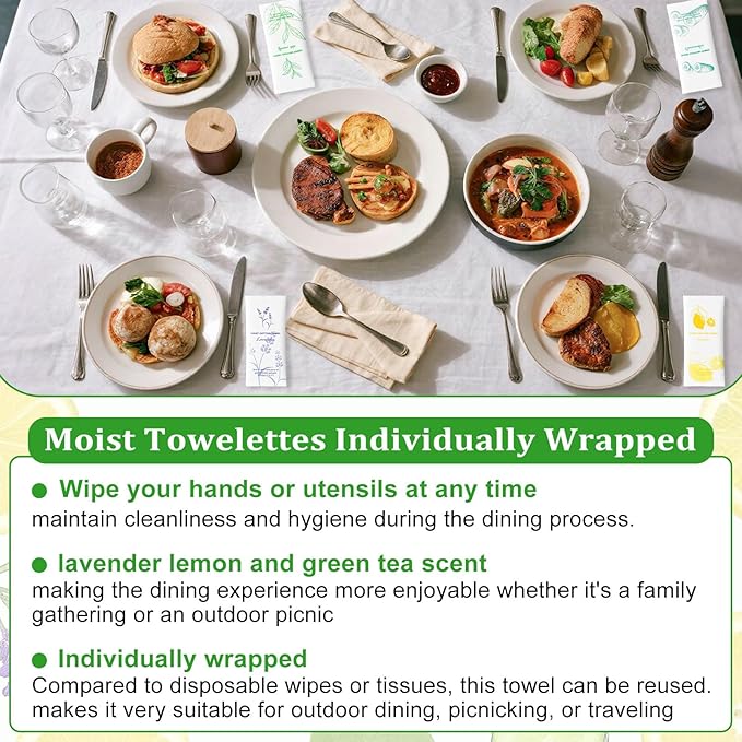 Moist Cotton Towel Bulk Moist Towelettes Individually Wrapped,White Towel Services,Refreshment Pre Moistened Towels for Dentist Travel Sport Party Hotel 100，Lavender,Green tea, Lemon and Cucumber
