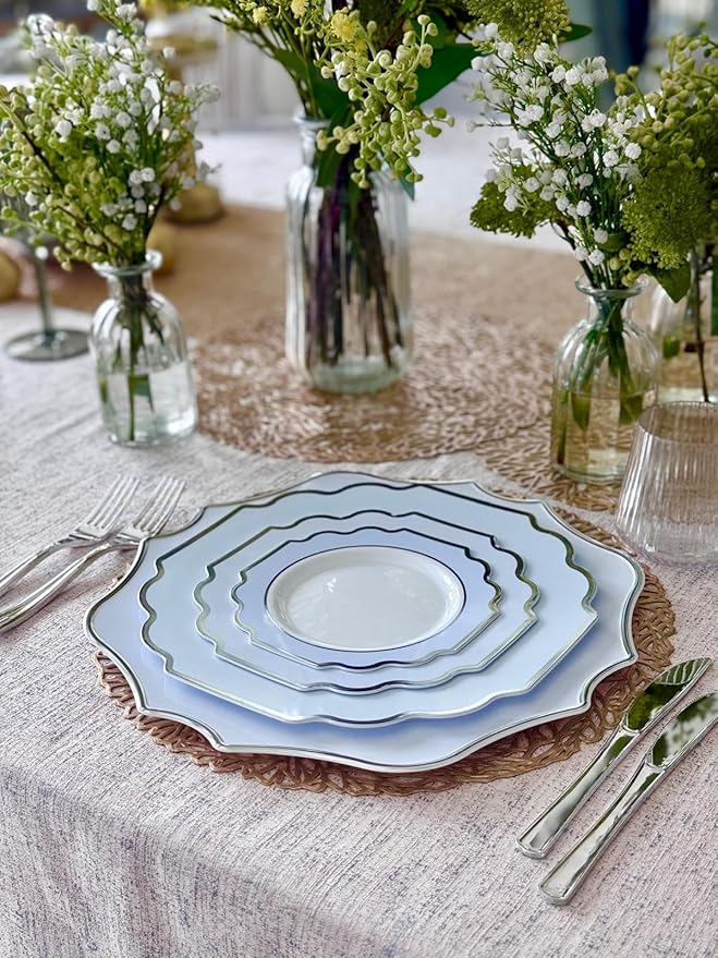 " OCCASIONS " 10 Pieces 13.25'' Scalloped Disposable/Reusable Plastic Charger Plates for Wedding, (Scalloped Imperial Blue & Silver)