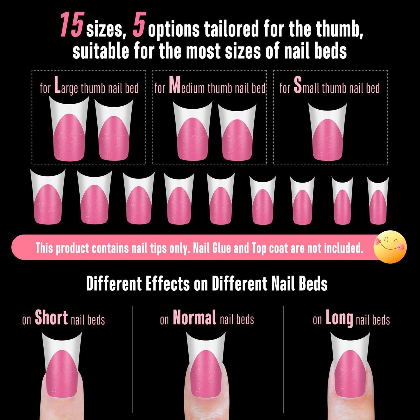 NOVO OVO Halloween Duck Nail White French Tips Press On ROSE PINK with Glitter, Full Cover Acrylic with Moon Curve, Medium Thick Pre-Etched Flare Wide Soft Gel False Nail Extension x 15 Sizes 150 pcs