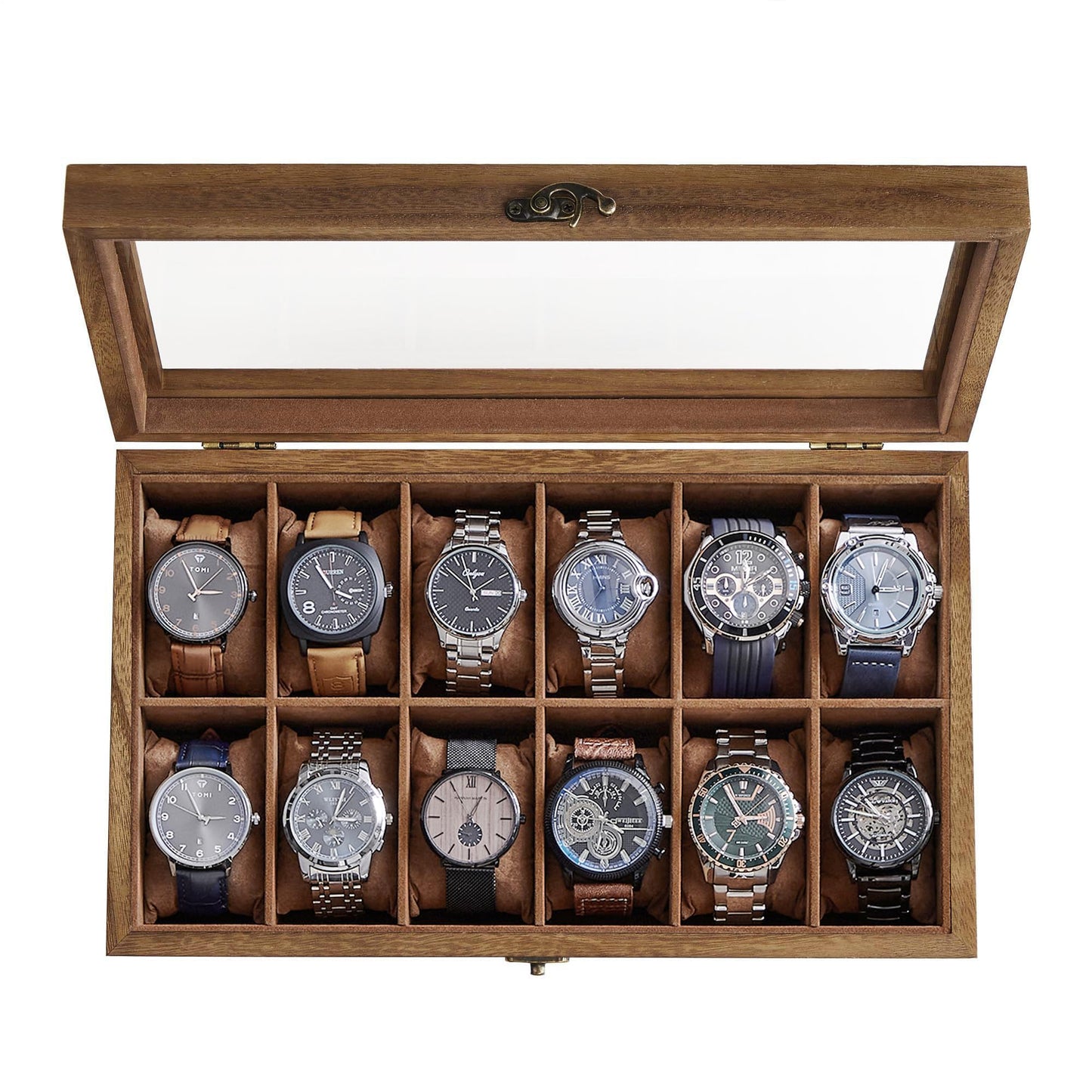 SONGMICS 12-Slot Watch Box, Watch Display Case with Large Glass Lid, Removable Watch Pillows, Velvet Lining, Gift Idea, Rustic Walnut UJOW120K01