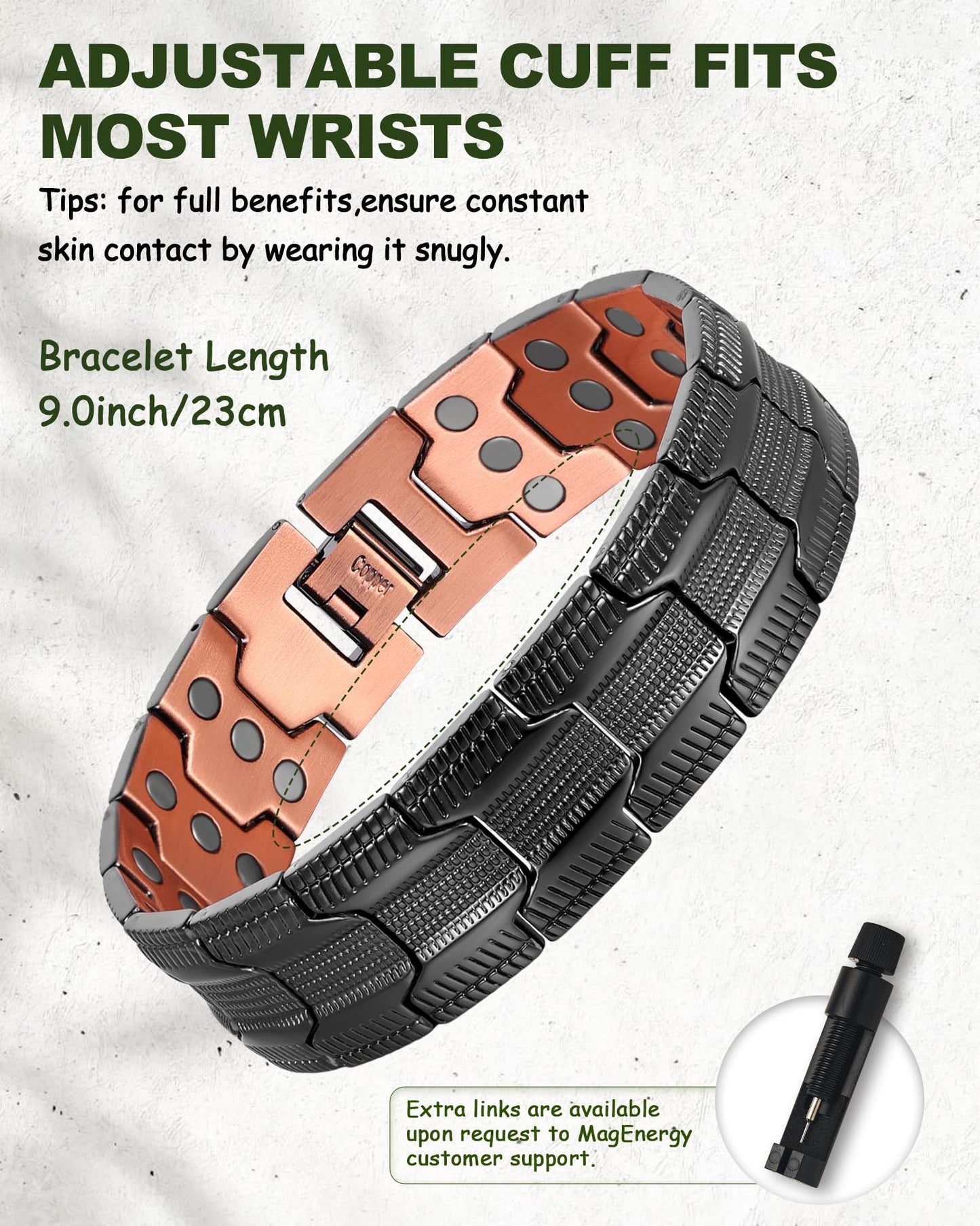 MagEnergy Copper Bracelet for Men, 3X Strength Magnetic Bracelet with 99.99% Pure Copper Ring & 3500 Gauss Magnets, Adjustable Length with Sizing Tool
