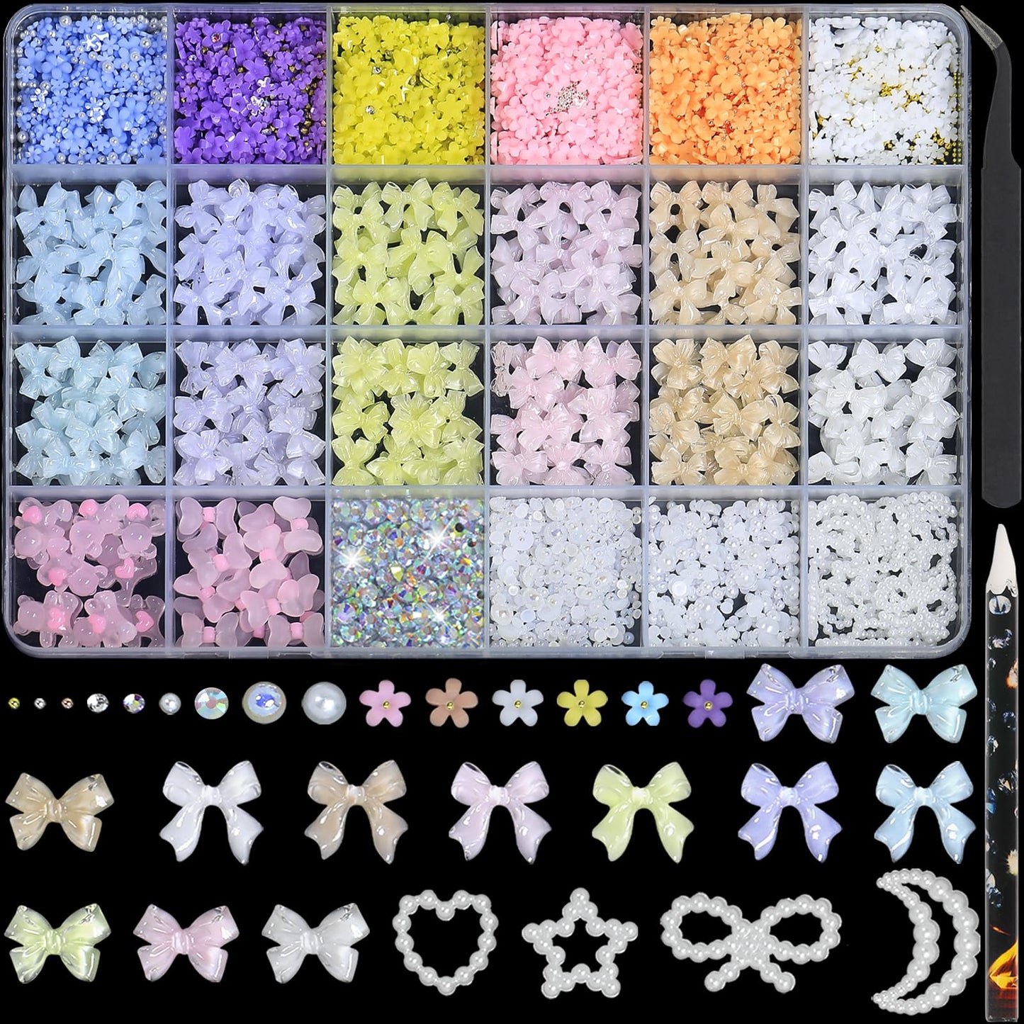 HNUIX Bow Nail Charms - 3D Multiple Colors, Bow-Knot, Flower, Pearls, Flat Back Rhinestones, with Kit, for Nail Art