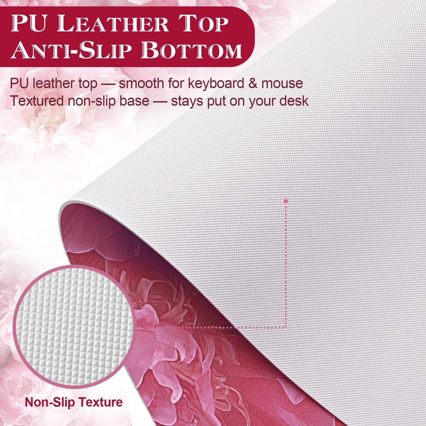 UGYAZX Desk Mat Desk Pad for Keyboard and Mouse, 31.5 x 15.7 in, Pink Peony Floral PU Leather Computer Protector, Non-Slip Base, Waterproof, Easy Clean for Office Gaming, Mouse Pad