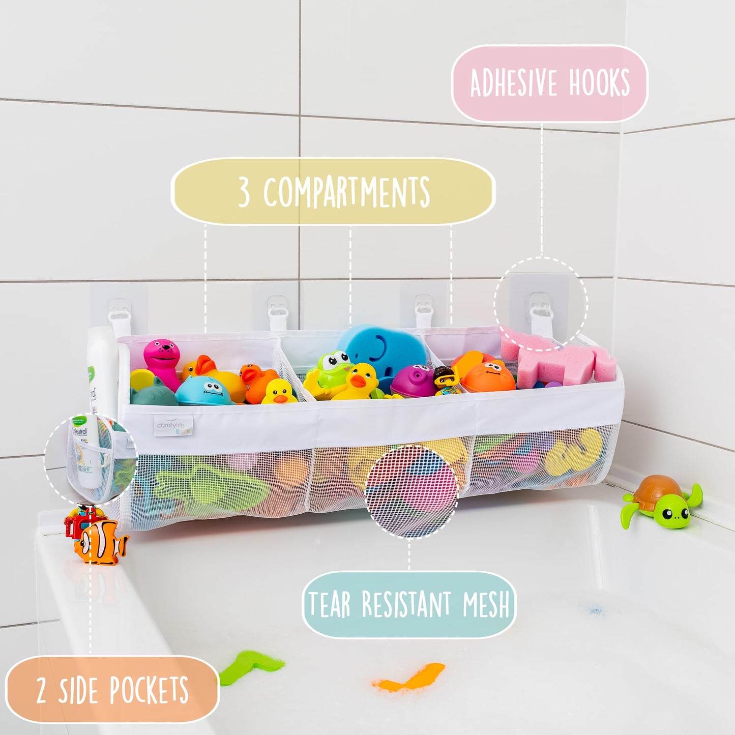 Comfylife Large Bath Toy Organizer with Letters and Numbers – 3 Compartment Bath Toy Holder for Bathtub & Shower – Quick-Dry Mesh with 4 Strong Adhesive Hooks