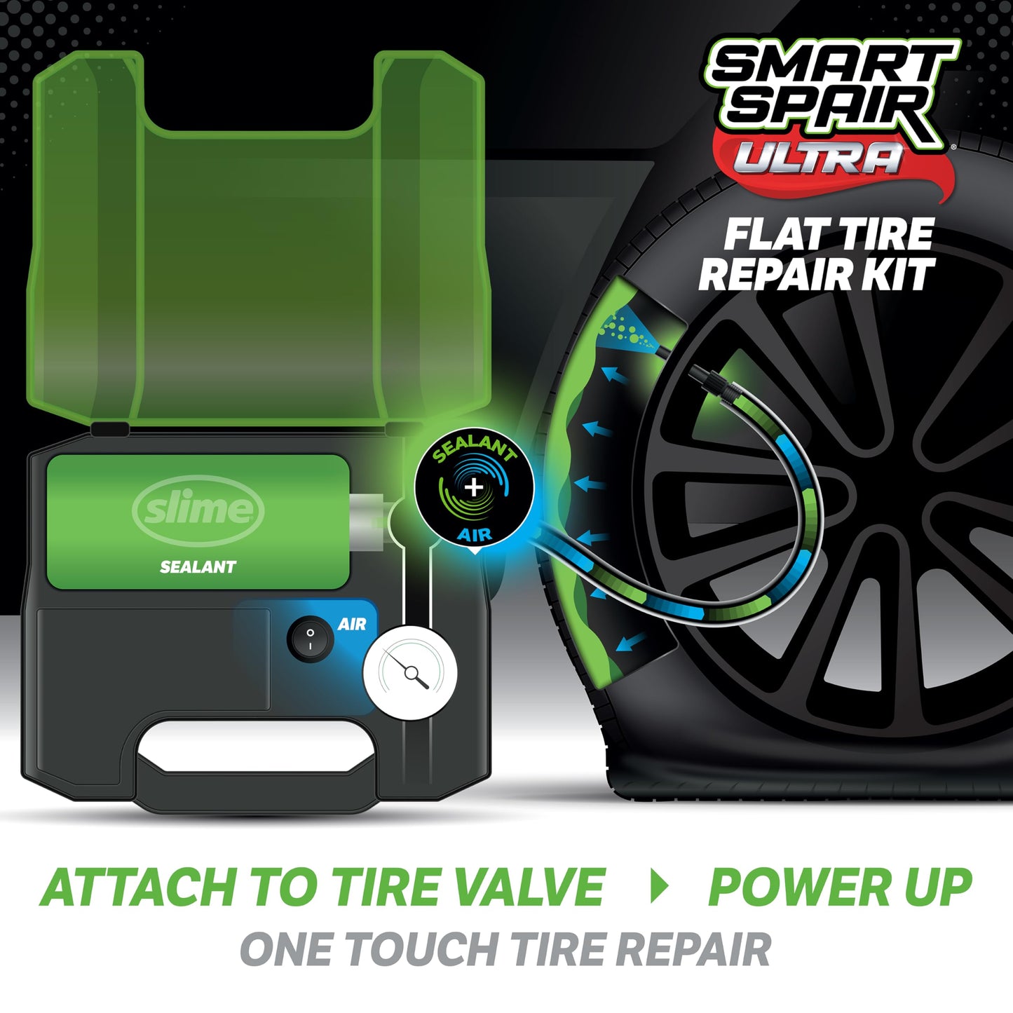Slime 50158 Flat Tire Repair Kit, Smart Spair Ultra, All-in-One Solution, Repairs and Inflates, Car/Trailer, 10 Min Fix