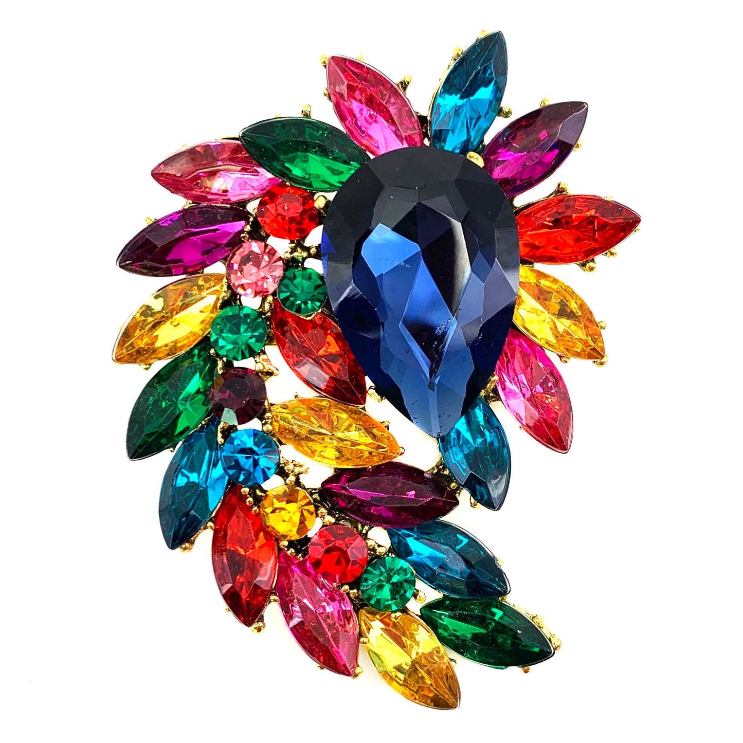 SELOVO Costume Jewelry Marquise Shape Large Flower Multicolor Brooch Pin Antiqued Gold Tone