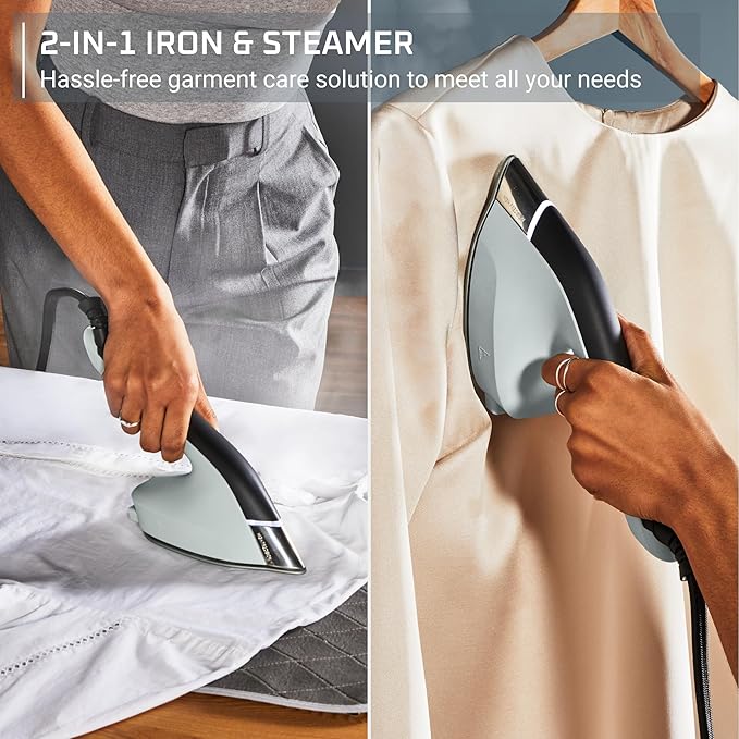 Rowenta, 2-in-1 Duo Force Iron and Steamer for Clothes, 1700W Steam Iron, Stainless Steel Soleplate, Ultra-lightweight, Detachable 13.5-oz Water Tank, 30s Heat-Up, Anti-Drip, Black & Green, JR4030