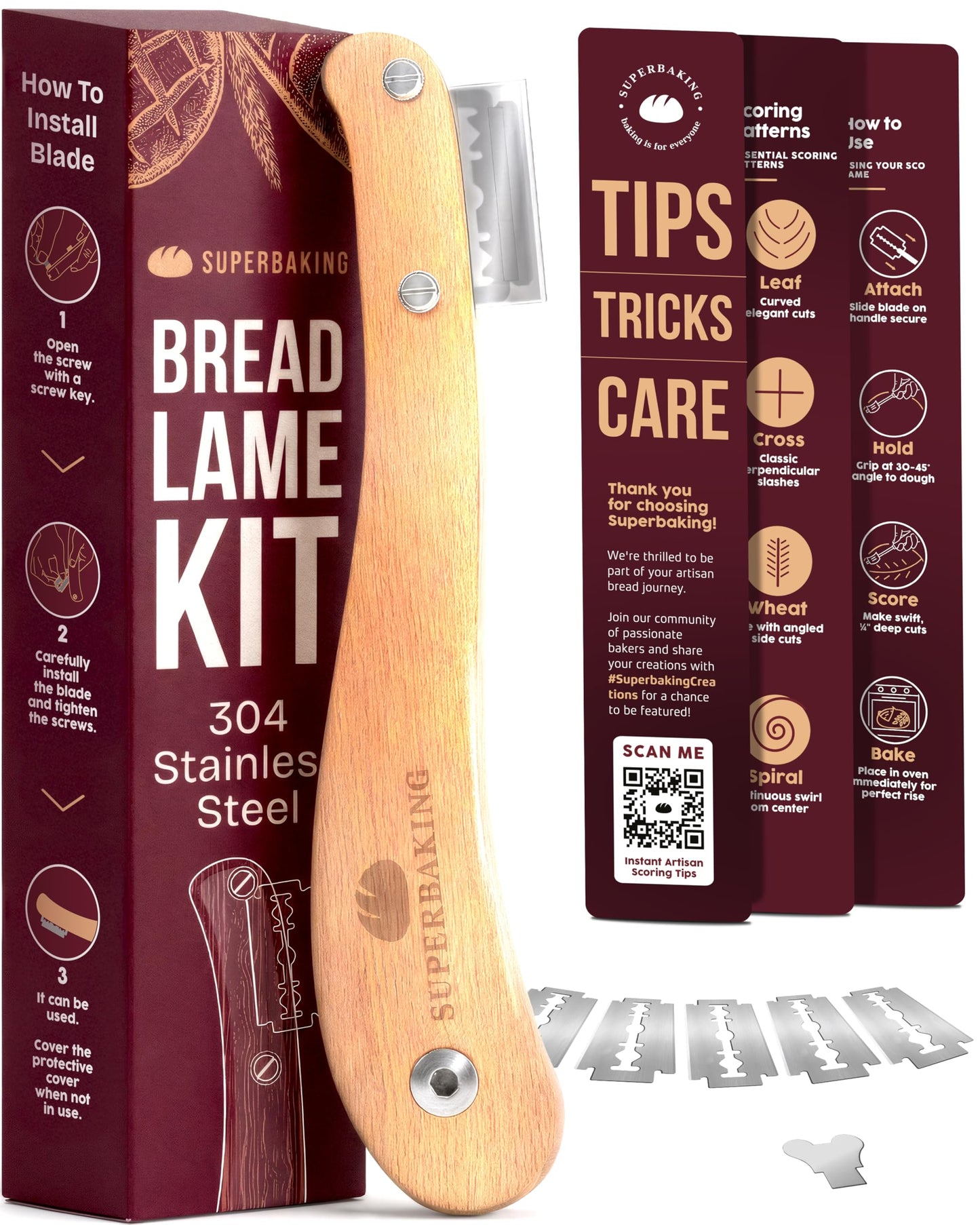 Superbaking Bread Lame - Sourdough Scoring Tool with 5 Extra Blades - Baking Supplies for Home Bakers - Sourdough Razor Scorer - Bread Making Tools - Gift for Bakers - Premium Ergonomic Wooden Handle
