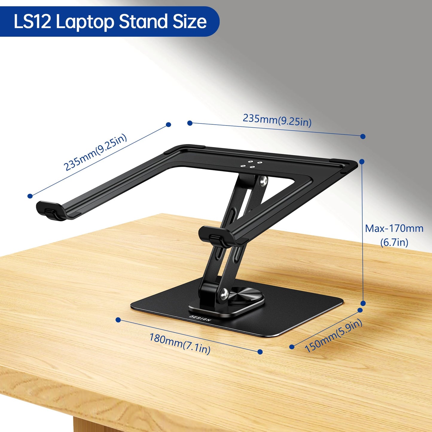 BESIGN LS12 Laptop Stand with 360° Rotating Base, Ergonomic Adjustable Notebook Holder, Computer Riser Stand Compatible with Air, Pro, Dell, HP, Lenovo More 10-14" Laptops (Black)