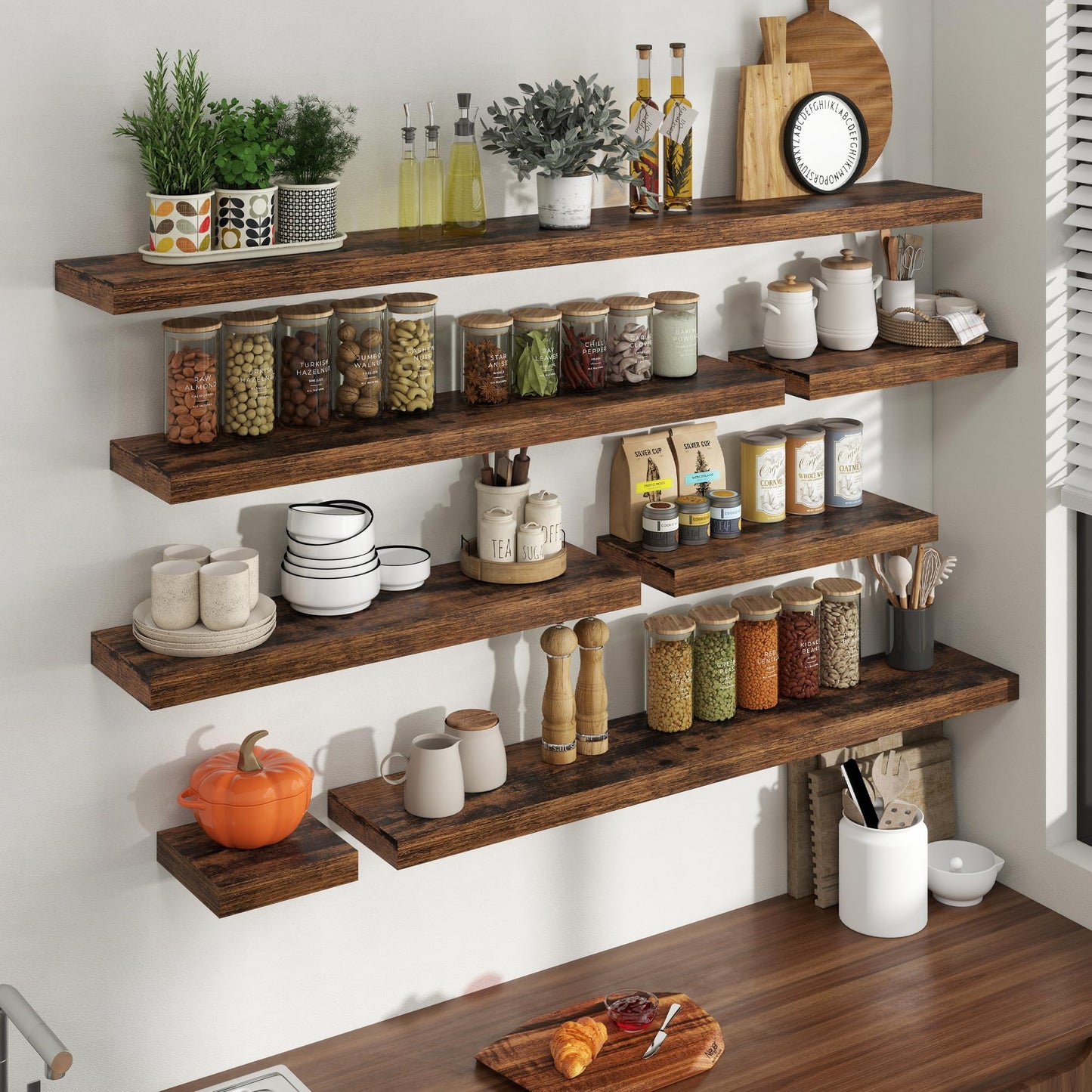 24 Inch Floating Shelves for Wall, 8 Inch Deep Floating Shelf for Storage & Display, Wall Mounted Shelf with Invisible Brackets for Living Room, Kitchen, Bathroom, Home Decor, Set of 2, Rustic Brown