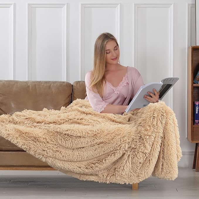 Tuddrom Decorative Extra Soft Faux Fur Blanket Twin Size 70" x 78",Solid Reversible Fuzzy Fluffy Cozy Plush Fleece Comfy Microfiber Blanket for Couch Sofa Bed,Apricot
