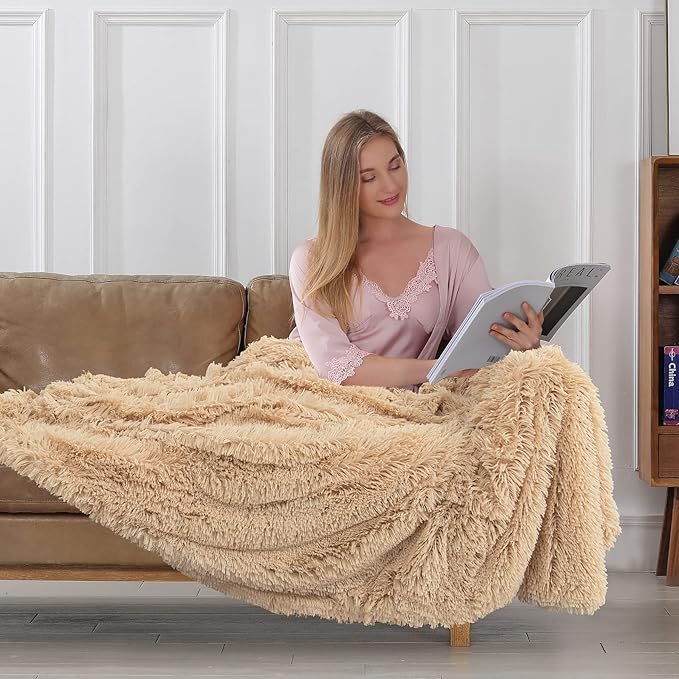 Tuddrom Decorative Extra Soft Faux Fur Blanket Queen Size 80" x 90",Solid Reversible Fuzzy Fluffy Cozy Plush Fleece Comfy Microfiber Fur Blanket for Couch Sofa Bed,Apricot