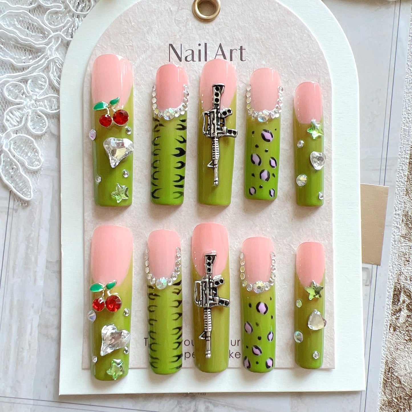 NAIL ANGEL 10PCS/SET Handmade Press on nails Metal Glitter Rhinestone Green Leopard Prints Crystal Cherry Gem Long Coffin Nails Party Nails XXL Long Artifical Tips ZJ-07 (Multi-Color, ZJ07-S)