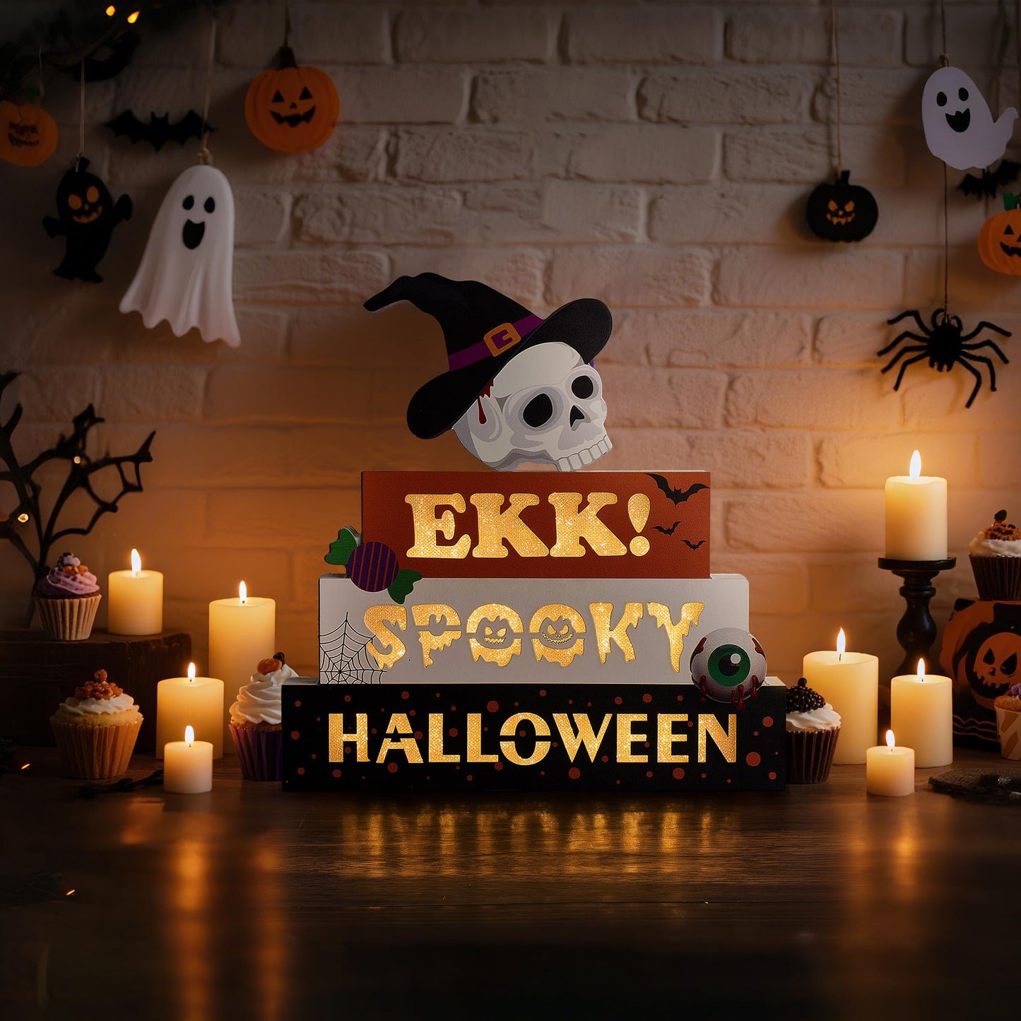 BlcTec Halloween Decorations Indoor 9.4" 4-Tier Wooden Block Set with Glowing 3D Letters, Skull Topper, Battery Operated Spooky Halloween Décor Built-in Timer for Home, Mantle, Shelf, Table Decor