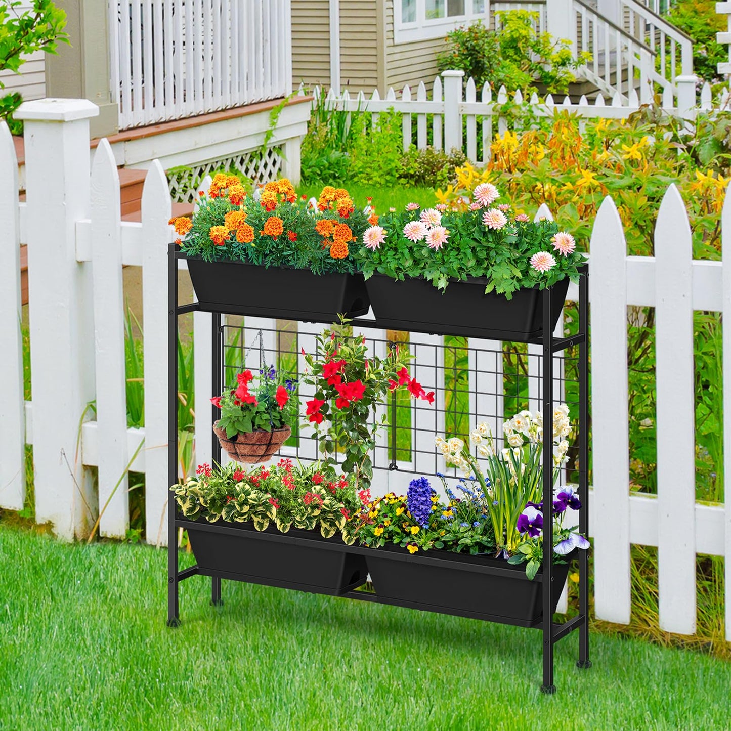 OYEAL Raised Garden Bed 32" Tall Elevated Planter Boxes with Trellis & Railing Planter Box Outdoor 4 Pack Hanging Balcony Planters