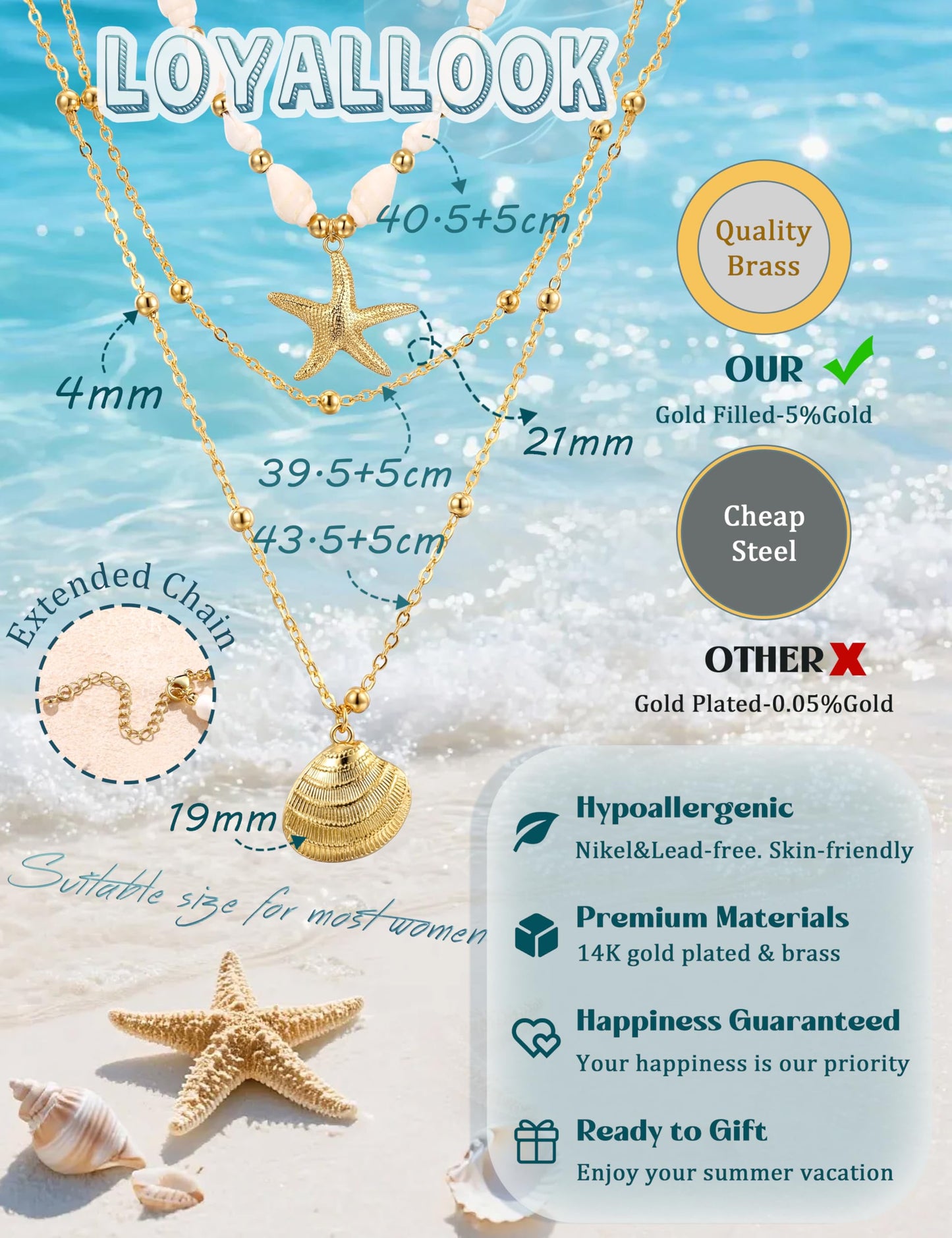 LOYALLOOK Shell Starfish Necklace for Women, 14k Gold Plated Dainty Layered SeaShell Conch Starfish Charm Necklace Stack, Non Tarnish Waterproof Gold Beach Accessories for Summer Vacation 2pcs