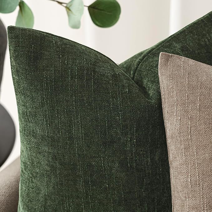 Foindtower Pack of 2 Soft Textured Chenille Throw Decorative Pillow Covers Square Accent Solid Cushion Cover Neutral Farmhouse Pillow Case for Couch Sofa Bedroom Living Room 20x20 Inch,Dark Green
