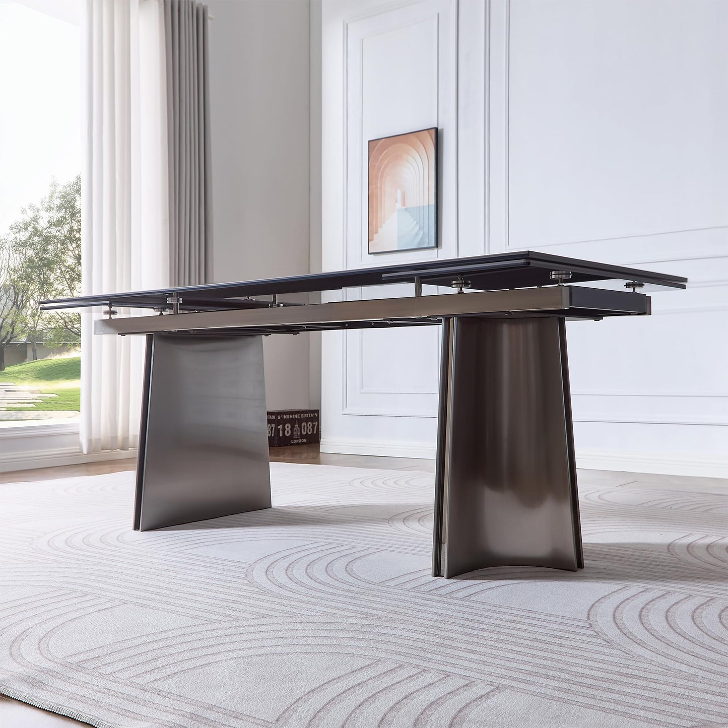 TimesGate Extendable Dining Table for 8-12 Seat, Flexible Stretch, Tabletop Made from Rock Plate and Tempered Glass, Stable Stainless Steel Brushed Table Legs, 35.4"D x 106.3"W x 30.7"H, Pure Black