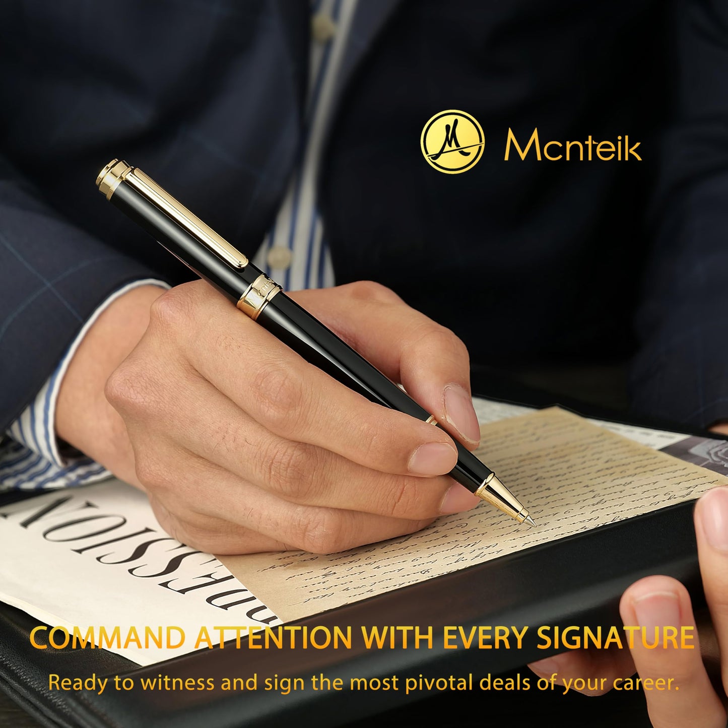 MCNTEIK 317 Rollerball - Stunning Luxury Black Lacquer Pen with 24K Gold Finish, Schmidt Black Ink Refill, Best Gift Set for Men & Women, Executive Office, Christmas, Nice Classic Pens-Black
