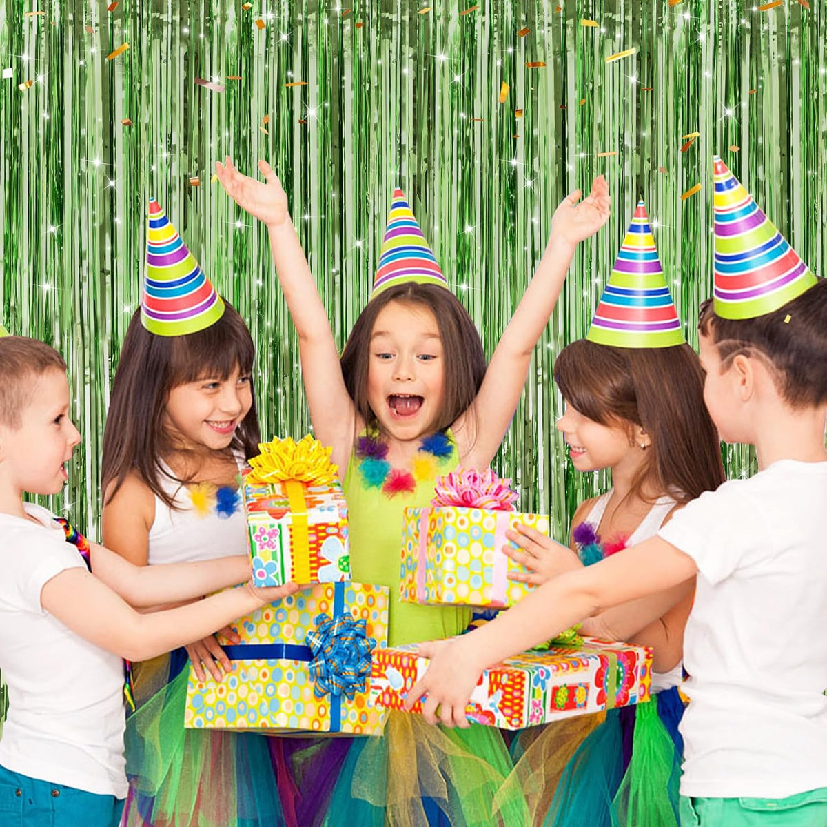 2 Pack Light Green Metallic Tinsel Foil Fringe Curtains, Door Streamers Photo Booth Backdrop for Birthday Party, Tinsel Curtain Backdrop for Baby Shower Bachelorette Christmas Party Decorations