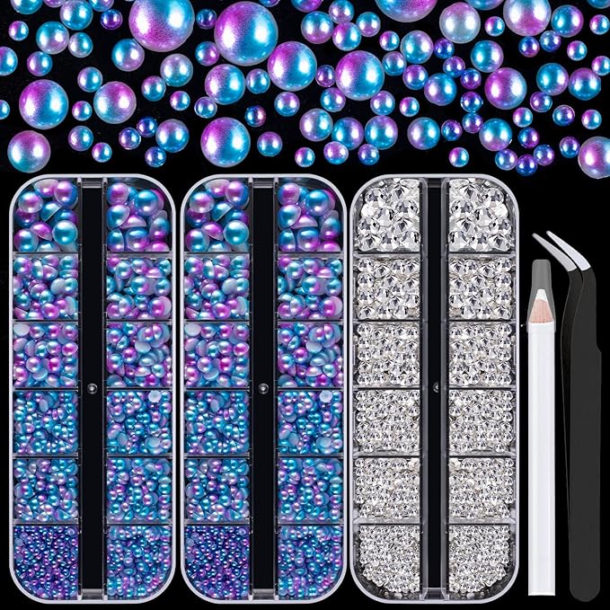 4000PCS Flatback Rhinestones and Half Round Pearls Kit #22, Multi Size Glass Clear Crystals, Plastic Flat Back Blue Mermaid Dome Bead with Pickup Pencil and Tweezer for Nail Art