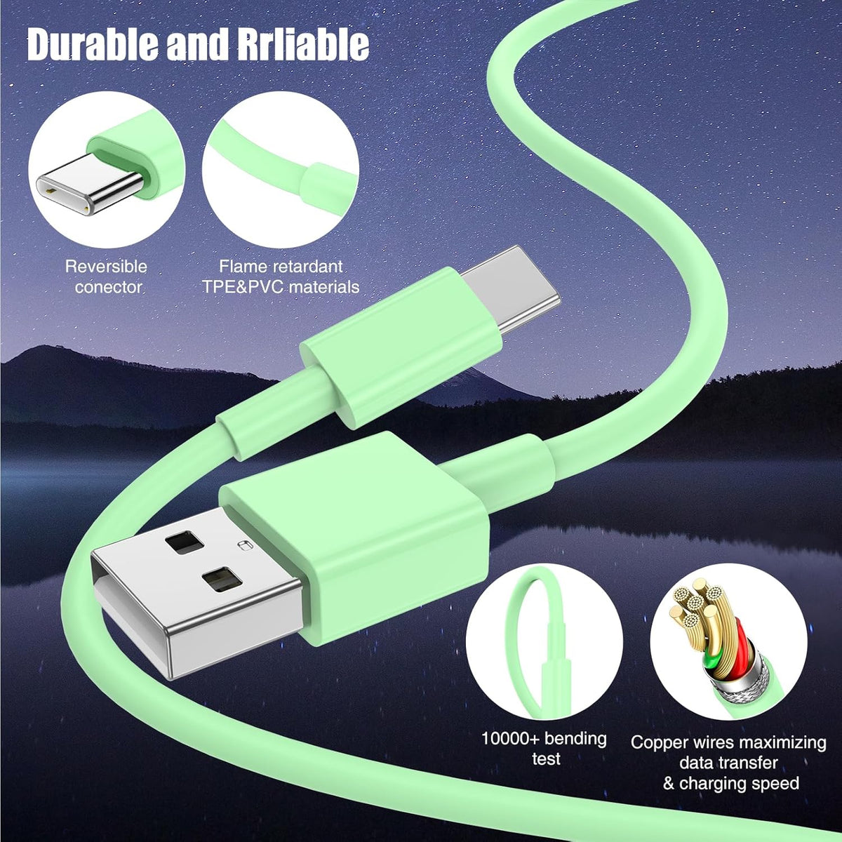 3-Pack Green [3.3FT+3.3FT+6FT] USB A to USB C Cable，USB to USB C Car Carplay Cable for iPhone 16 15 Pro Plus Pro Max，for iPad Pro/Air/Mini，for Samsung S24/S23/S22/S21，for MacBook Pro/Air and More