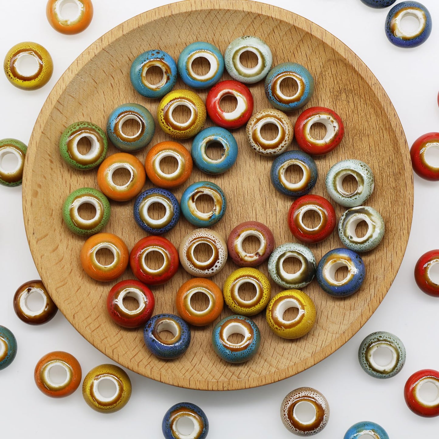 Decoendiy 60Pcs Large Hole Ceramic European Beads - Flat Round Shaped Spacers, Handmade Polished Porcelain for DIY Necklaces Bracelets Crafts Supplies
