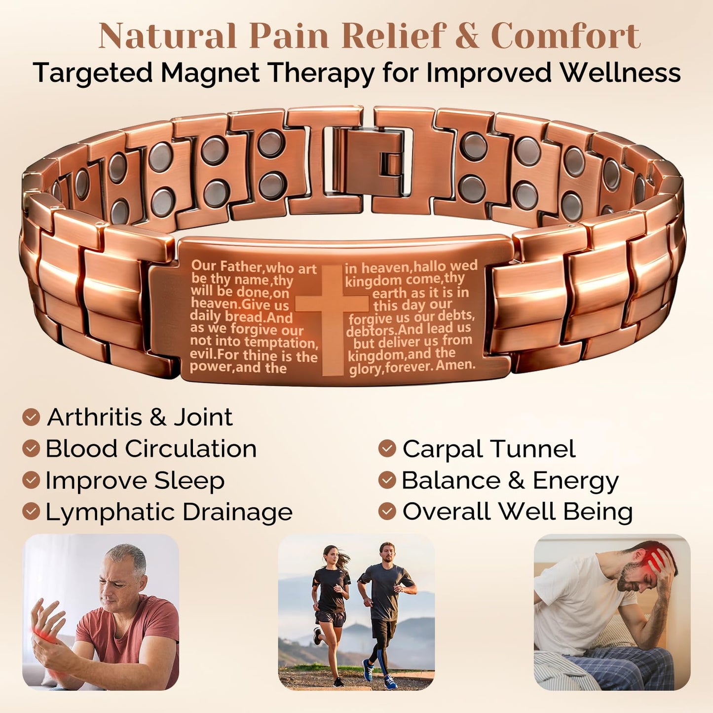 JEROOT Men's 99.99% Pure Copper Magnetic Bracelet, 3500 Gauss Magnets Adjustable with Sizing Tool