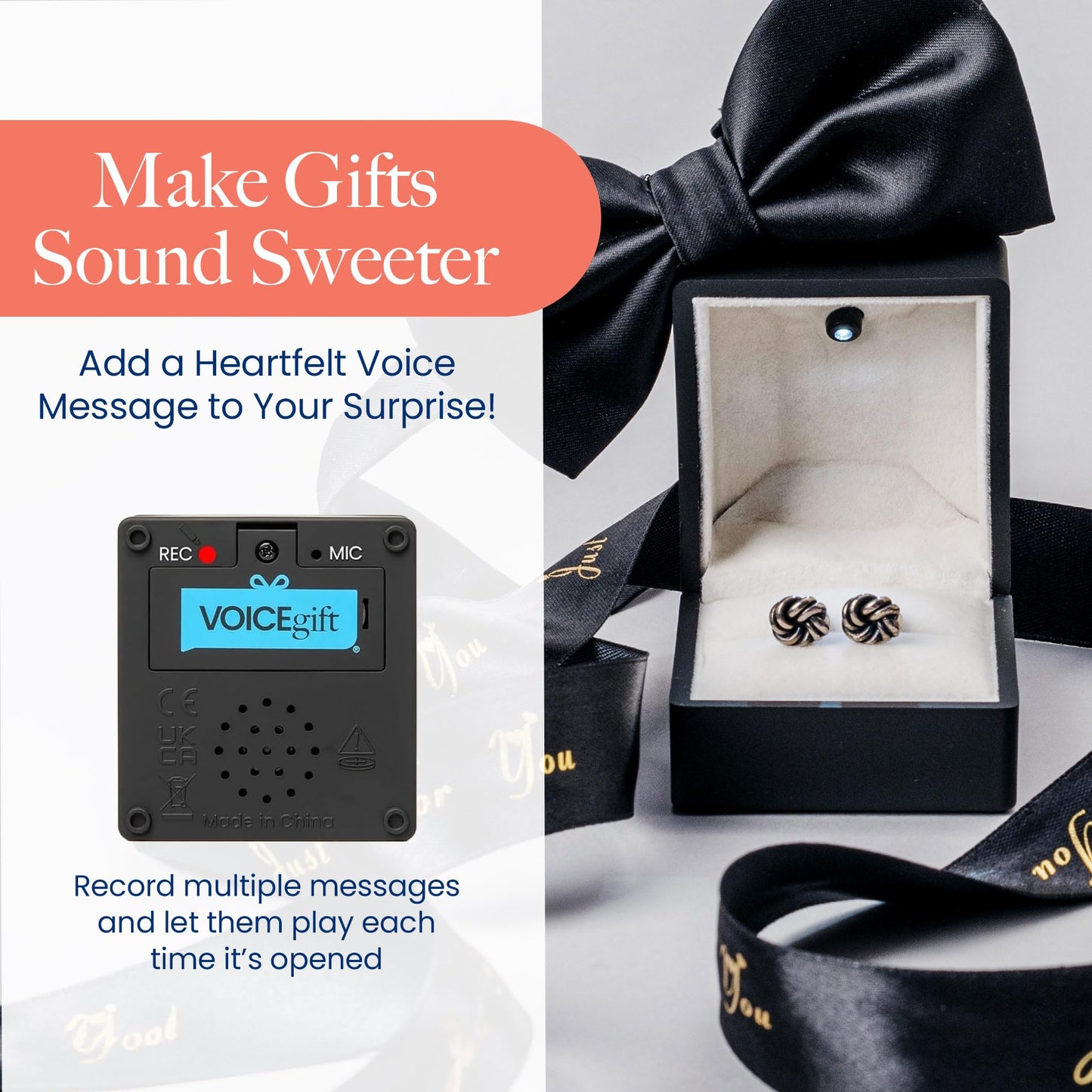 VOICEGIFT Ring Box Recordable Ring Box with LED Light, 60-Second Voice Recorder, Velvet Jewelry Gift Box for Proposal, Engagement, and Keepsake | Black