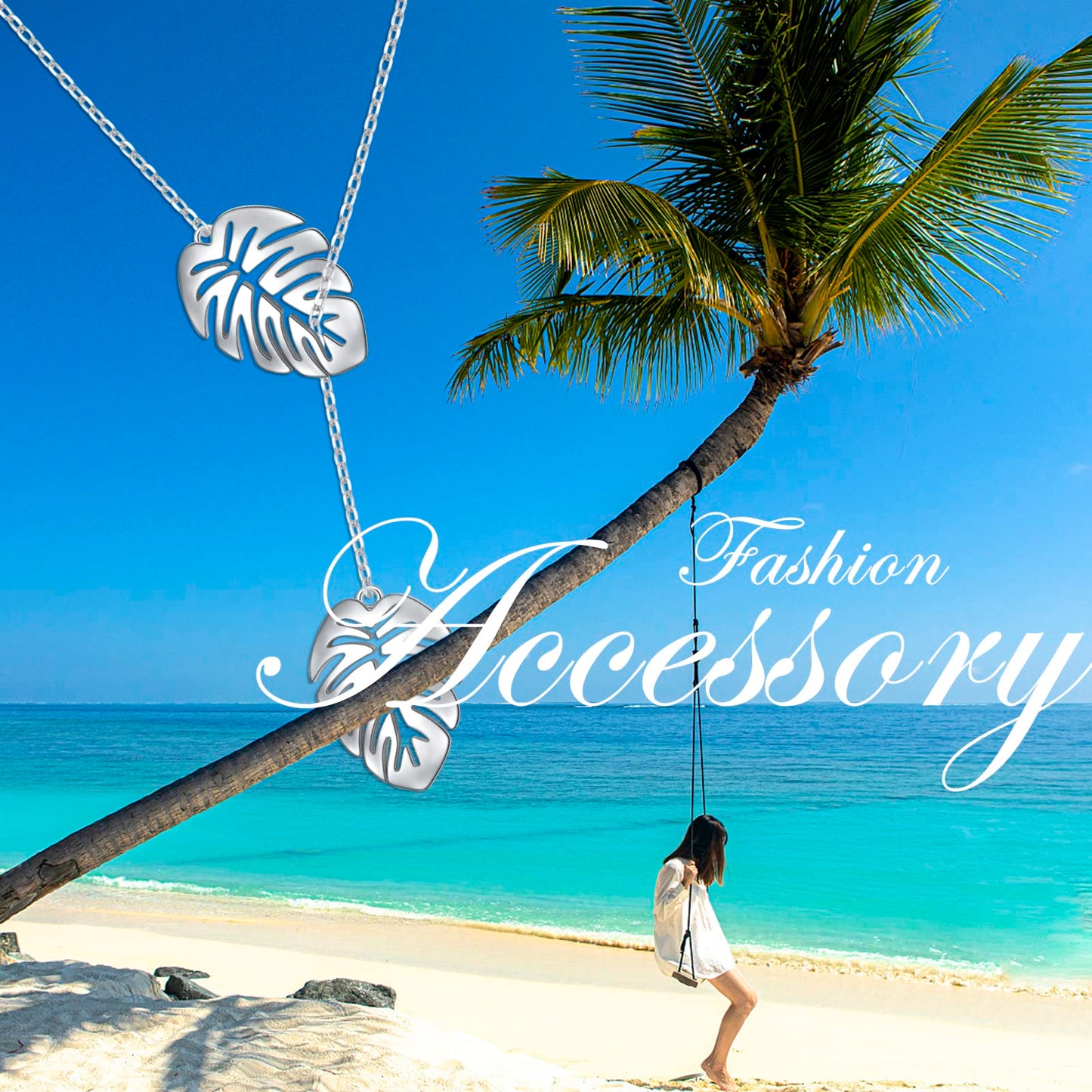 DAOCHONG Monstera Palm Leaf Y Shaped Lariat Necklace Sterling Silver Palm Leaf Lariat Long Chain Drop Adjustable Necklace Layered Necklace 30"