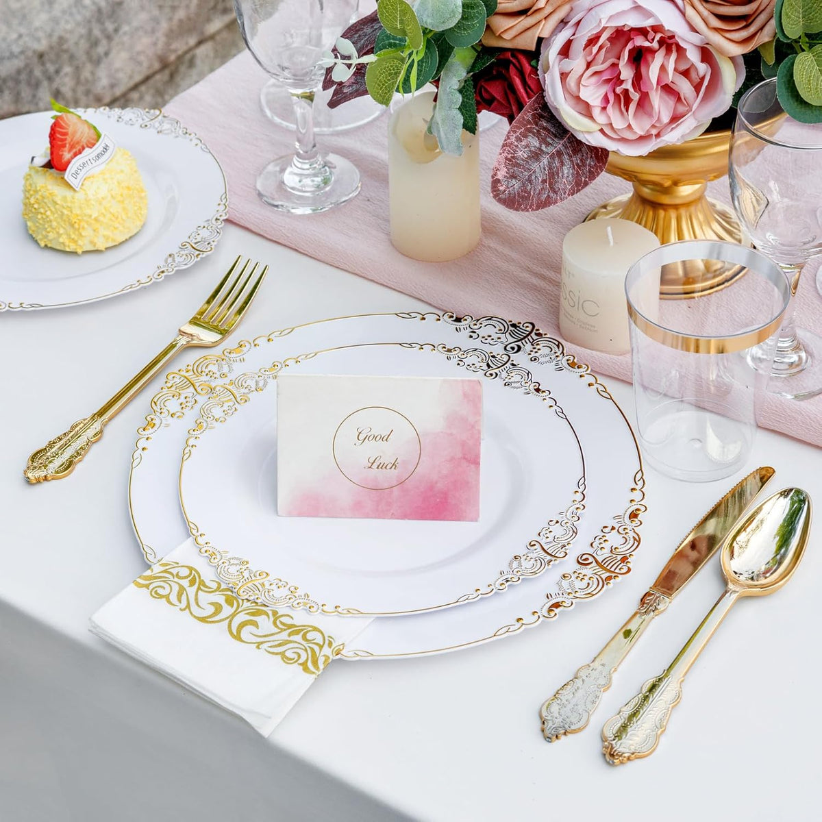 Nervure 350PCS Gold Plastic Dinnerware - White and Gold Disposable Plates for 50 Guests - 100 White Disposable Plates, 150 Plastic Silverware, 50 Cups, 50 Napkins for Wedding & Party & Thanksgiving