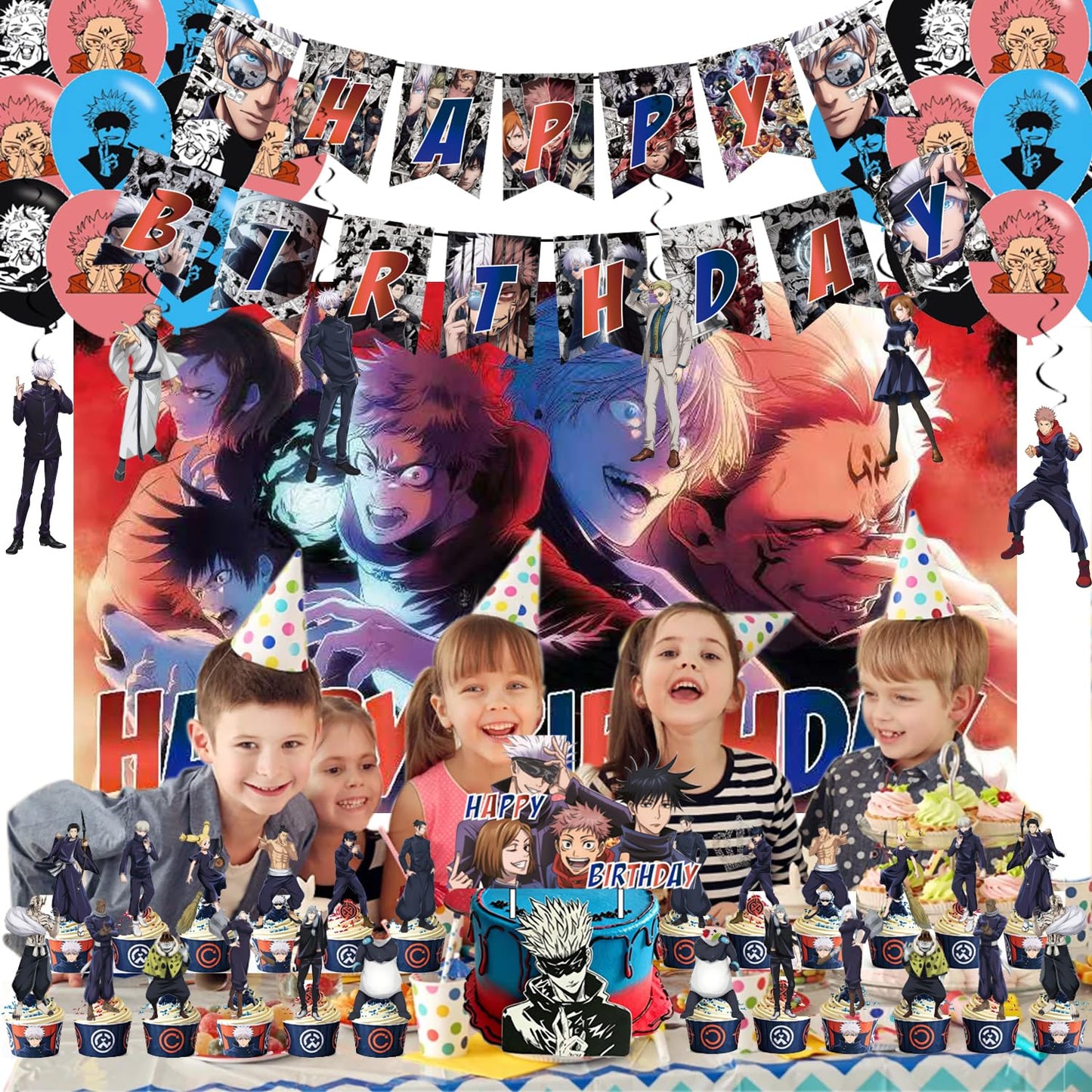 animation Jujutsu theme birthday decorations, Kaisen‌ party supplies,Including: banners,Balloon, background,cake toppers.