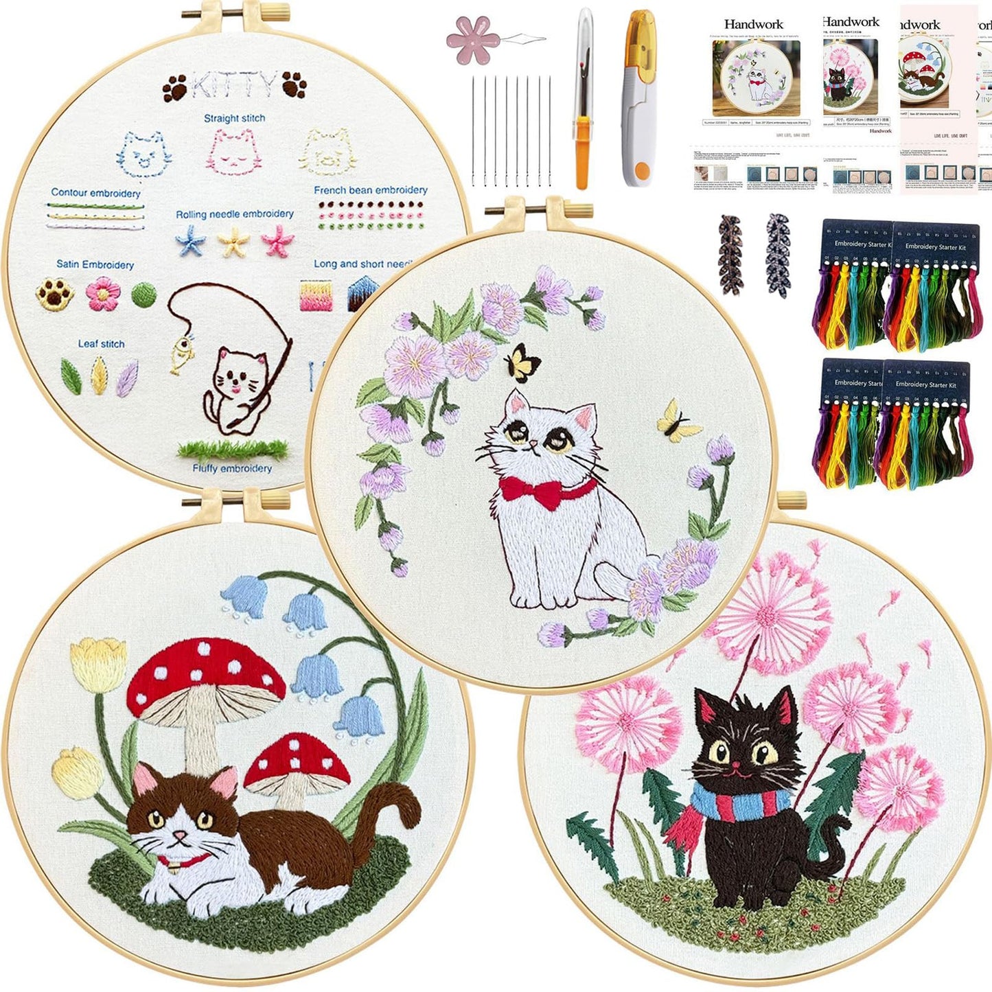 CHIYOSING Embroidery Kit for Beginners Adults, 4 Cat Pattern to Learn Over 30 Different Stitches,Includes Step-By-Step Instructions,Sharp Scissors and 2 Exquisite Hairpins and Multiple Accessories.