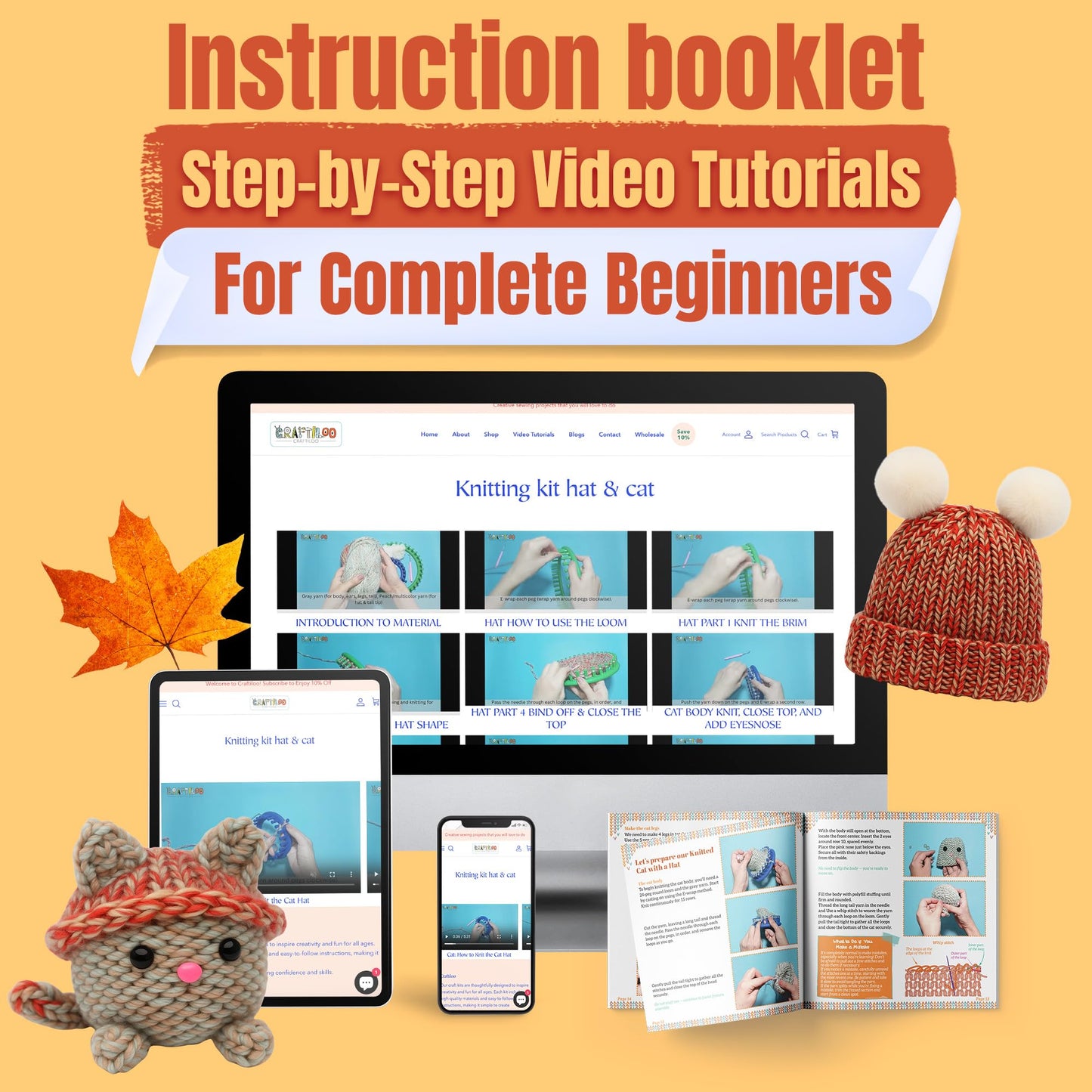 CRAFTILOO Knitting Kit for Kids – Beginner Knitting Kit to Make a Hat & Cat – Quick Knit Loom Kit with Yarn, Tools & Instructions