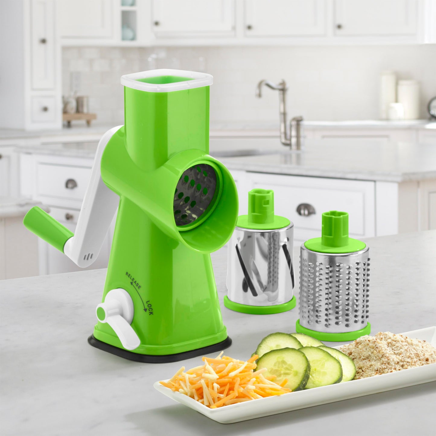 Cuisinart Fresh Slice Rotary Drum Grater, Cheese & Vegetable Slicer with 3 Interchangeable Stainless Steel Drums, Strong Suction Base, Dishwasher Safe