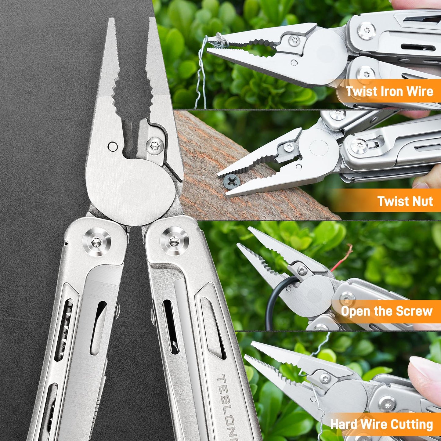 Teslong 18-in-1 EDC Multitool Pliers with Scissors, Pocket Knifes with Screwdrivers, Replaceable Wire Cutters and Saw with Self-locking, Outdoor, Survival, Camping, Stainless Steel, Gift for Men Dad
