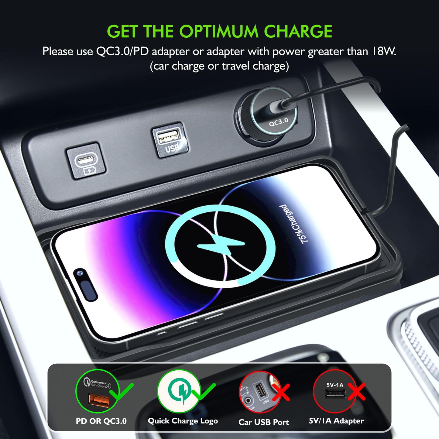 Car Wireless Charger Pad, 15W Fast Non-Slip Wireless Charging Pad for Car with 20W Car Adapter, Compatible with iPhone 17 16 15 14 13 12 Pro Max AirPods,100CM Cable