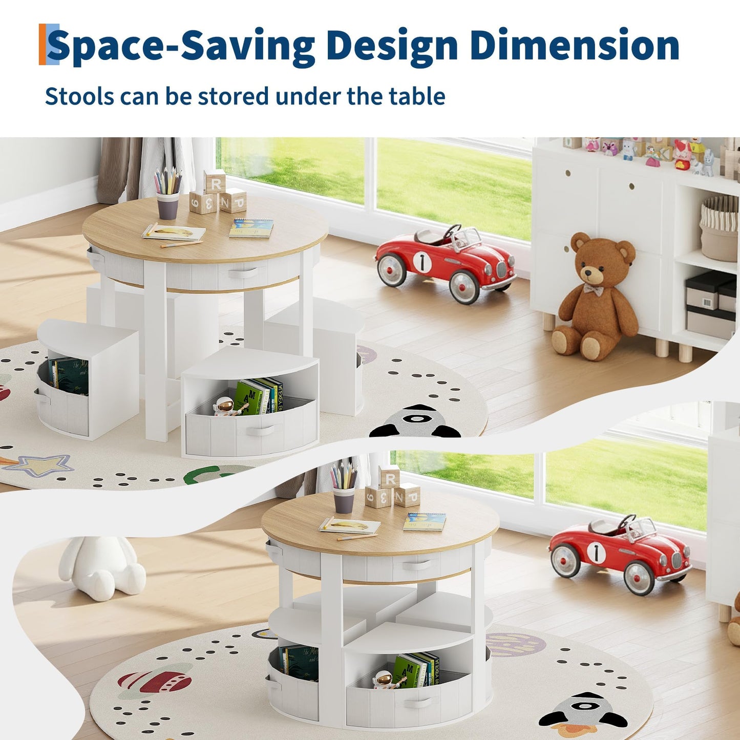 Kids Table and Chair Set, 5 Pieces Wooden Round Nesting Design Children Multi-Activity Table With 4 Storage Stools & 4 Fabric Drawers, Toddler Table and Chair Set for Play/Art/Reading/Craft