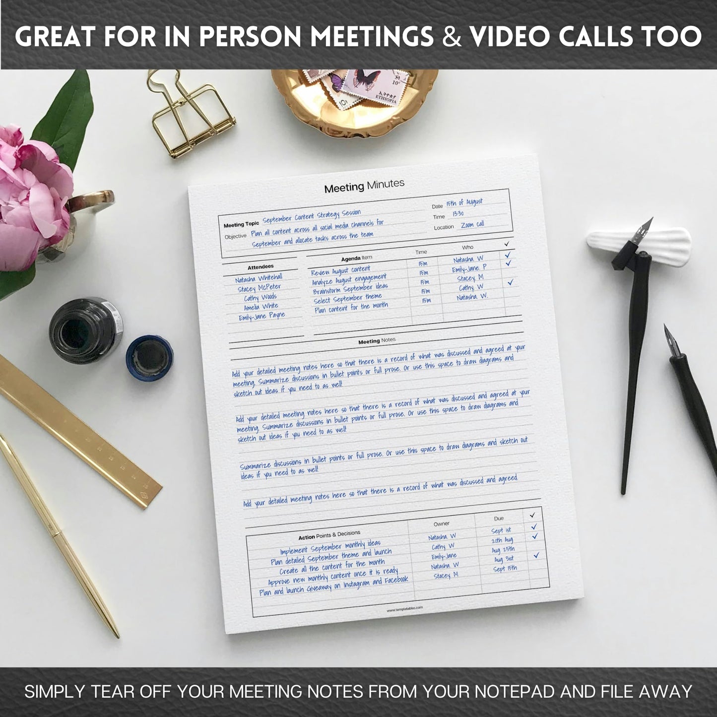 Templatables Meeting Minutes Note Taking Professional Notepad | Plan, Record and Track Actions, Agendas from all your Important Meetings Desk Pad | 50 Undated Tear Away Sheets A4 | Mono