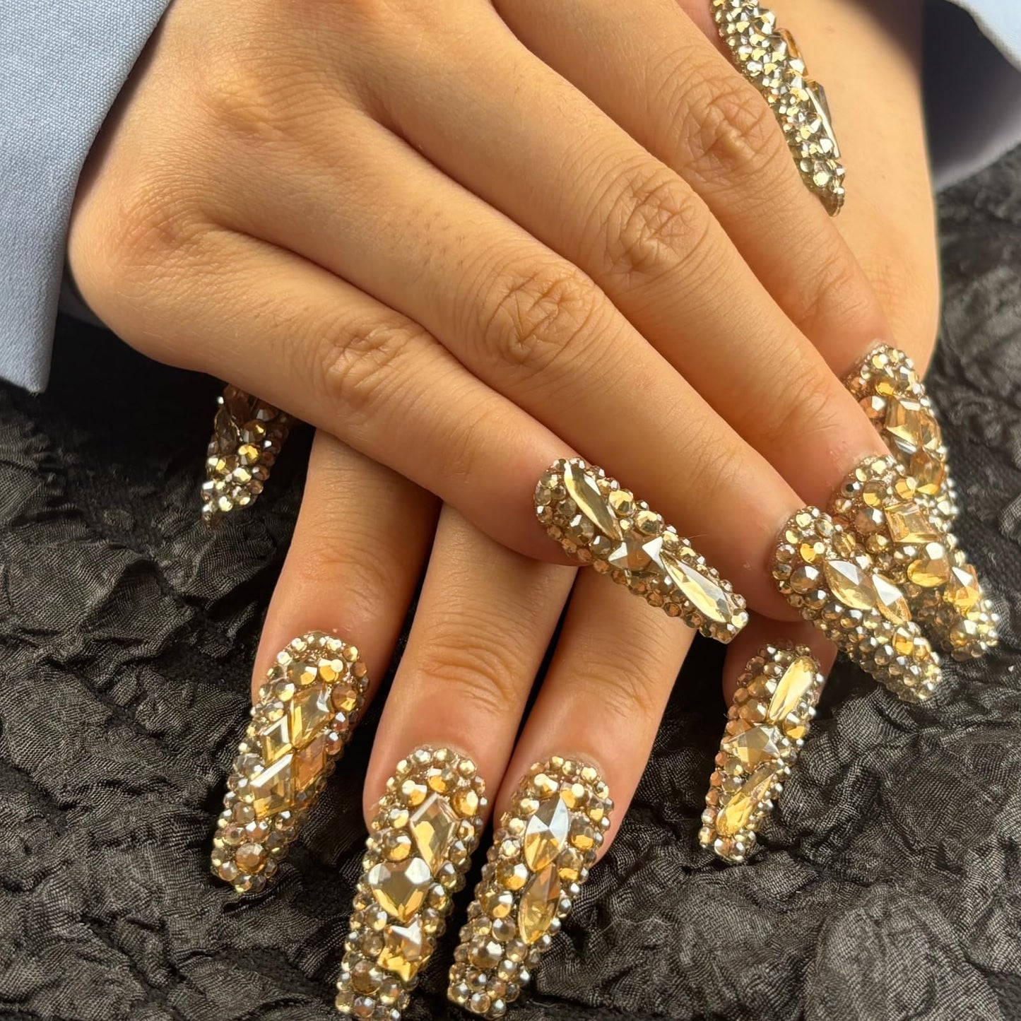 AKA Unicorn Trendy Handmade Press On Nails Long Square Shape,10Pcs Shimmery Large Acrylic Fake Nails with 3D Champagne Rhinestone Luxury Design Stick On Nail for Woman Gift