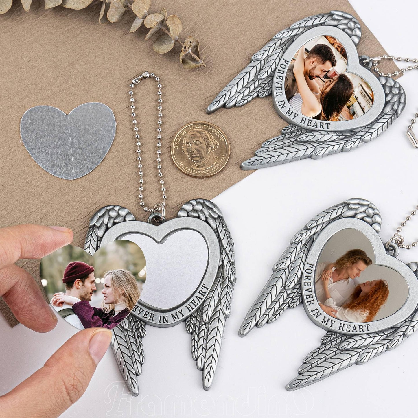 Framendino, 4 Pack Silver Angel Wing Pendant Love Heart Personalized Car Hanging Ornament with Sublimation Blank Heat Transfer Photo for Home Window