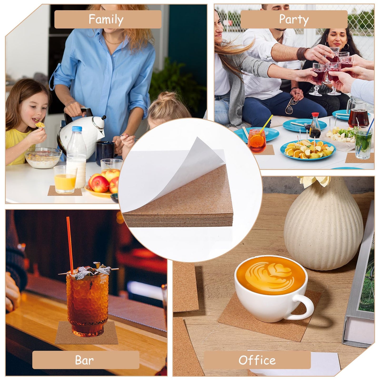 Kifmurase 200PCS Self-Adhesive Cork Sheets, 4 x 4 Inch Brown Squares Cork Coasters for DIY Crafts Laser Engraving Home Wall Decoration, Non-Slip Bulk Tabletop Drinks Coasters