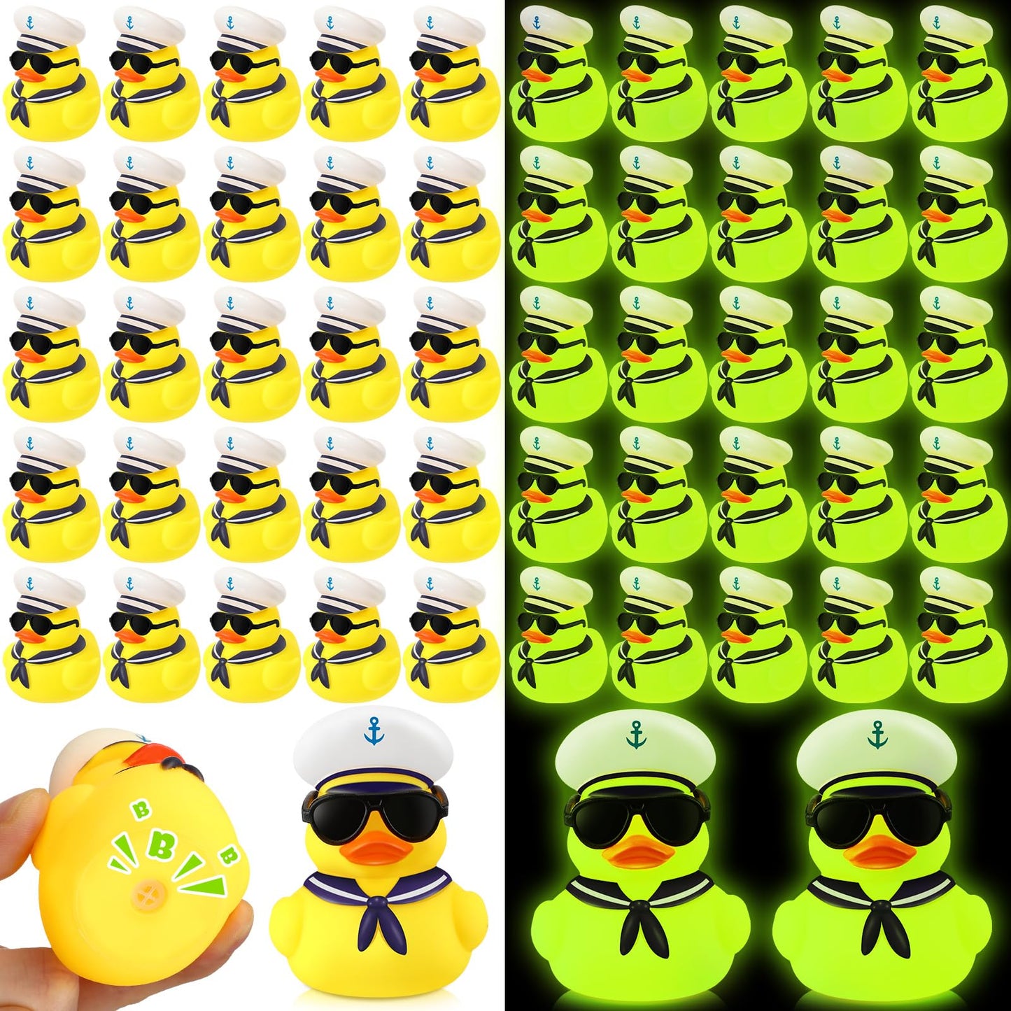 Simgoing 24 Pcs Glow in The Dark Cruise Duck Bulk with Sunglasses for Cruise Ship Tiny Rubber Sailing Ducks Squeaky Nautical Bath Floating Toy for Birthday Party Baby Shower Prize Carnival Gift