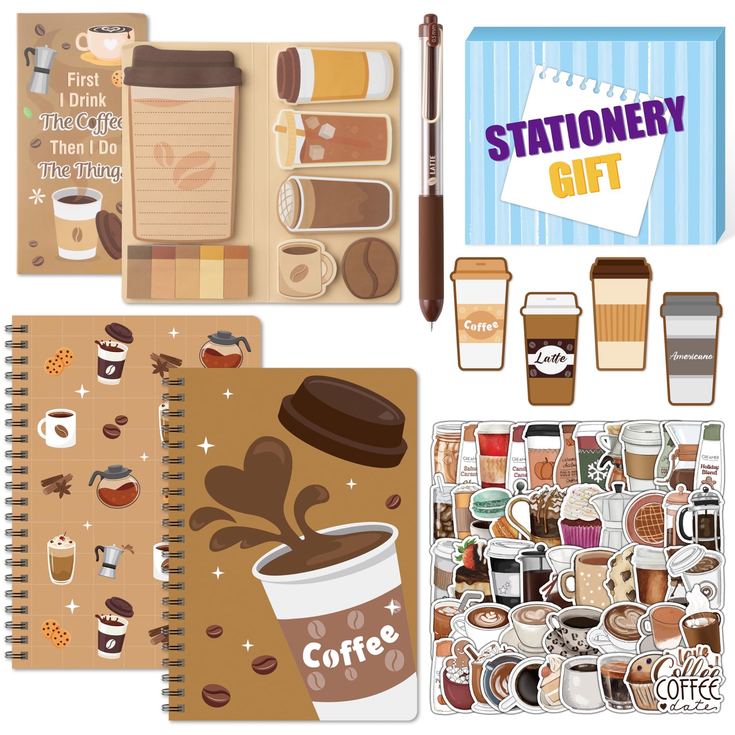 B1ykin Notebook Sticky Notes Stationery Set, 5Pcs A5 Spiral Notebooks with Sticky Notes Neutral Pen Stickers Magnet Bookmarks for Office School Students Birthday Supplies Gift (Coffee)